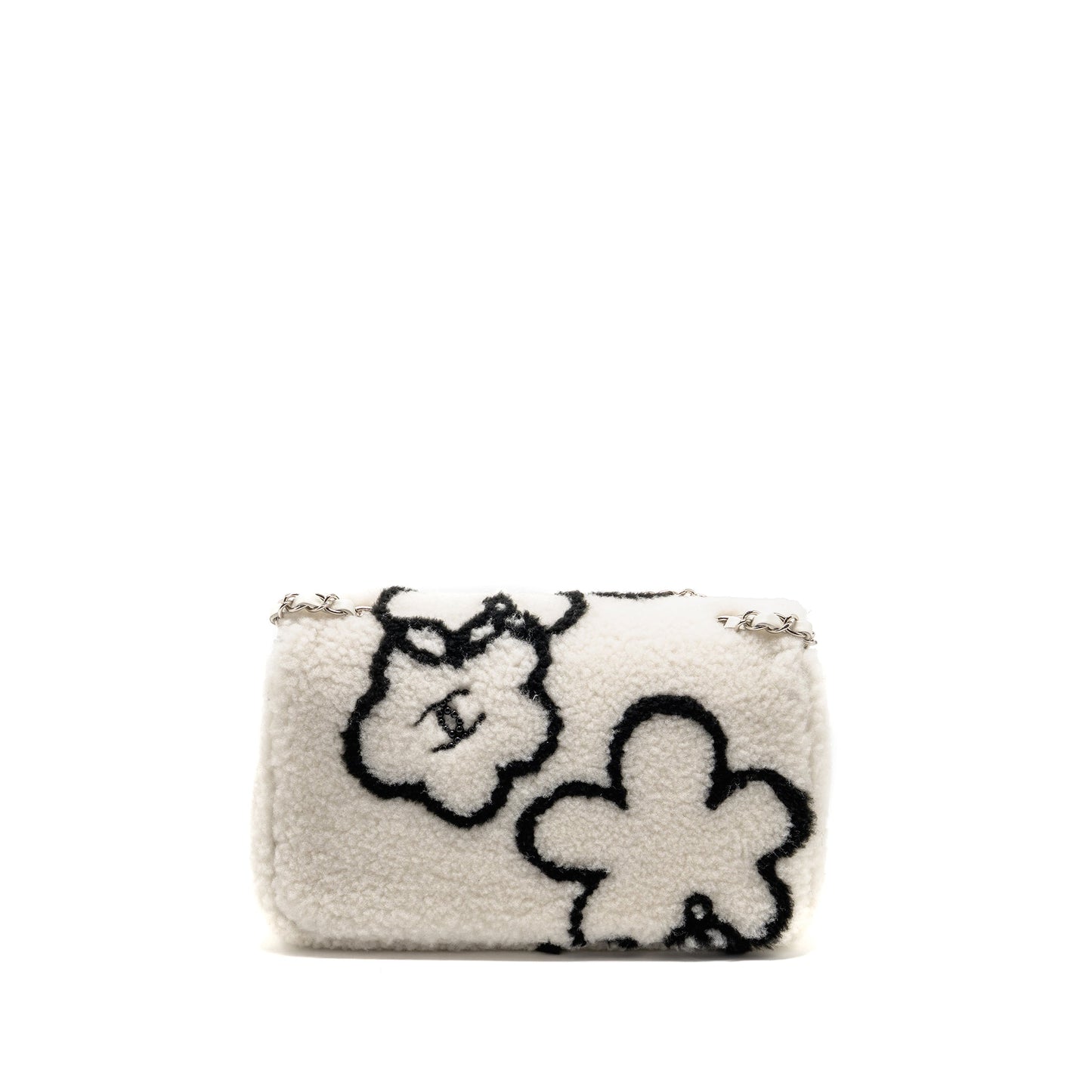 Chanel 22A Fluffy camellia flap shearling SHW White Shoulder Bag