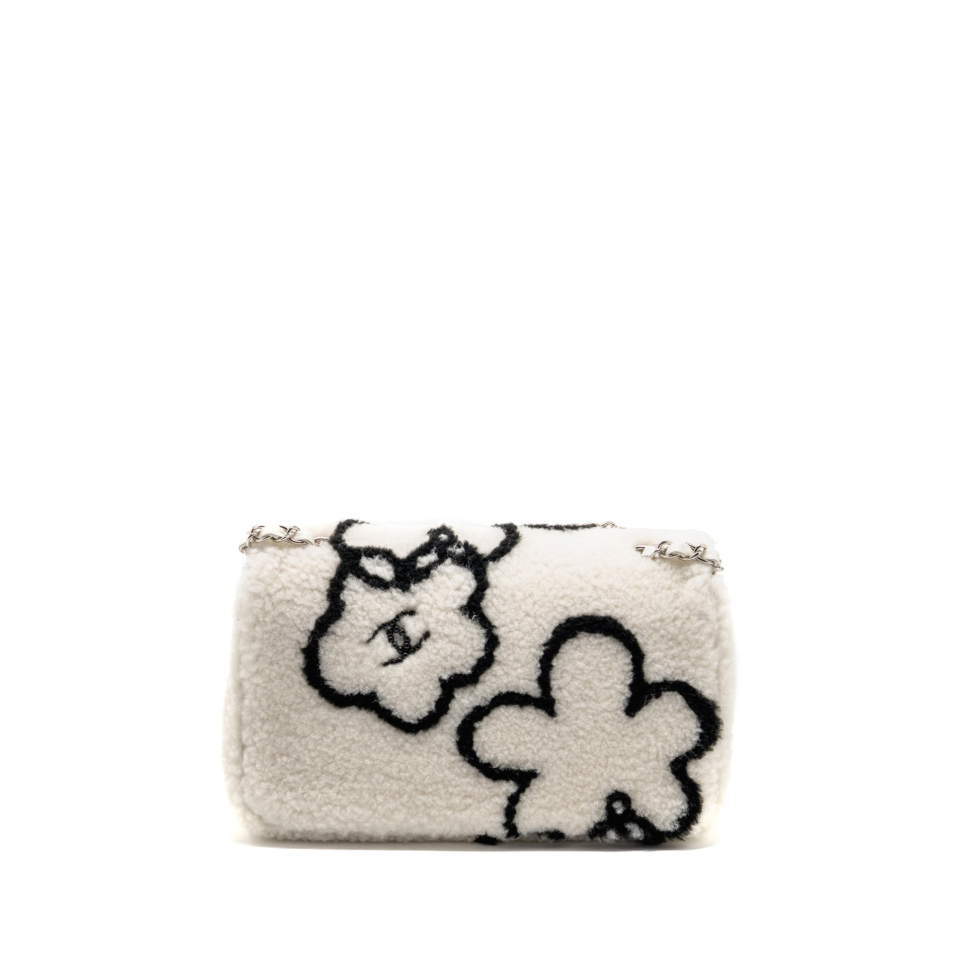 Chanel 22A Fluffy camellia flap shearling SHW White Shoulder Bag
