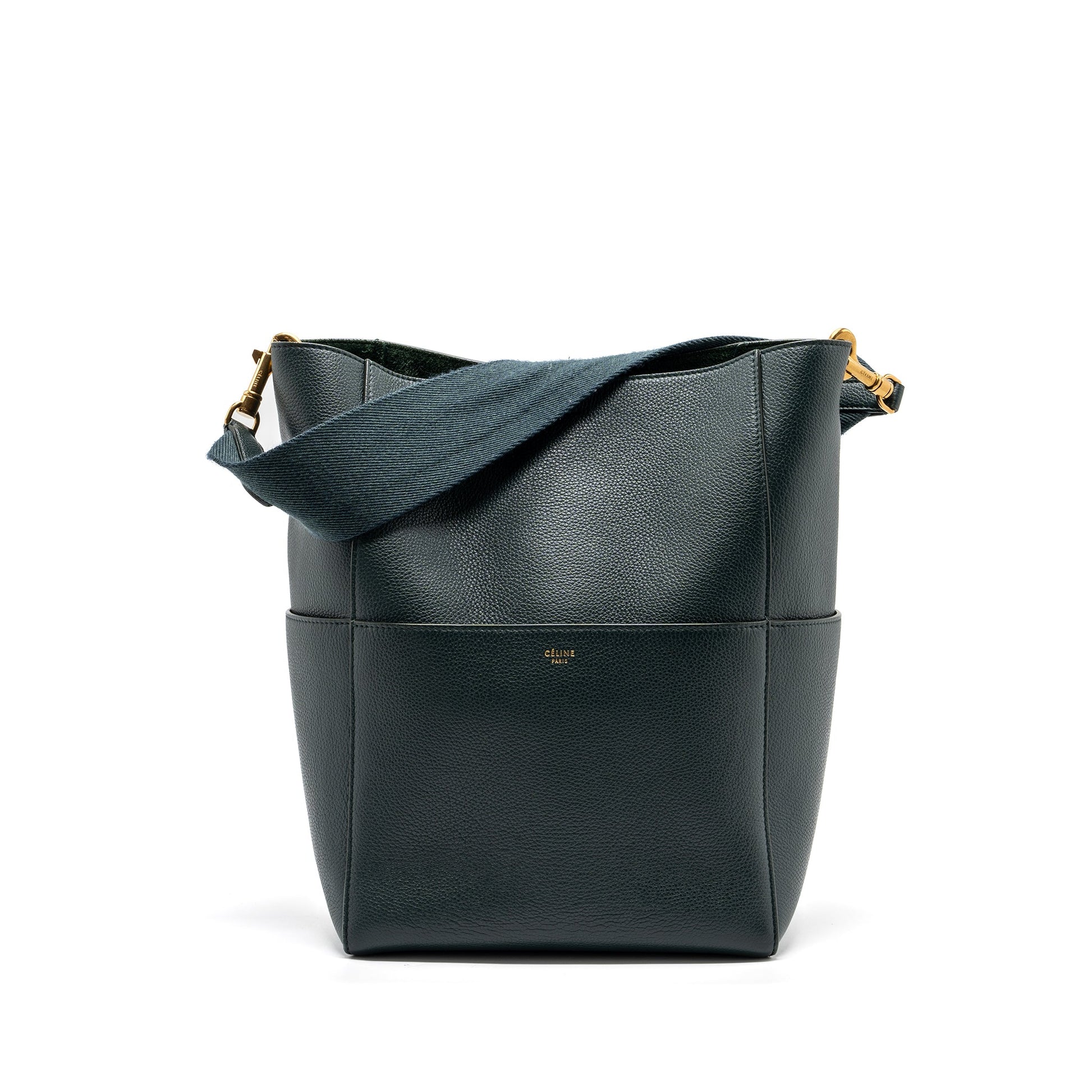 Celine Sangle Purse Calfskin Dark Handbag Green Bucket Bucket Bag