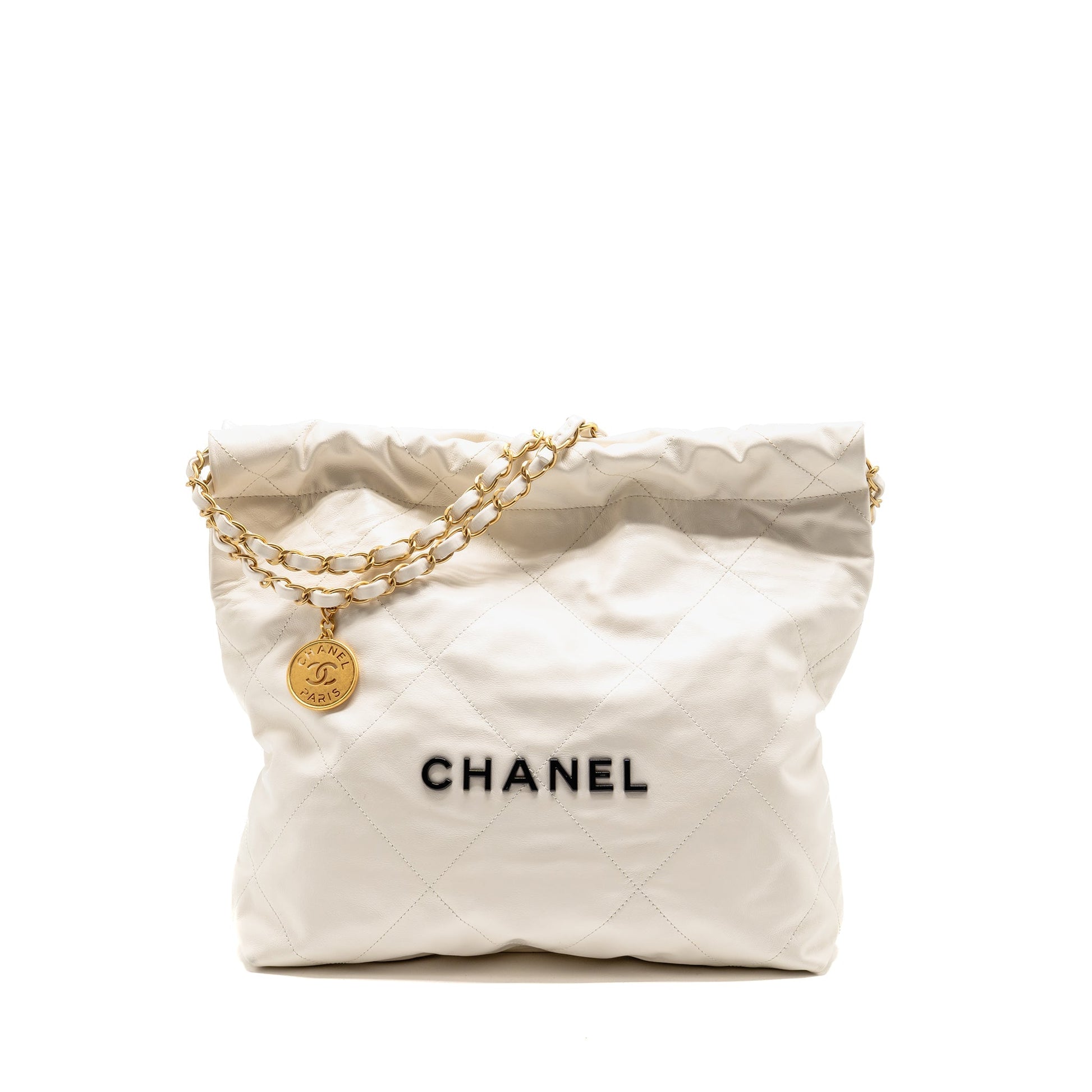 Chanel 22 Letter Logo Calfskin GHW Microchip Black White Small Handbag