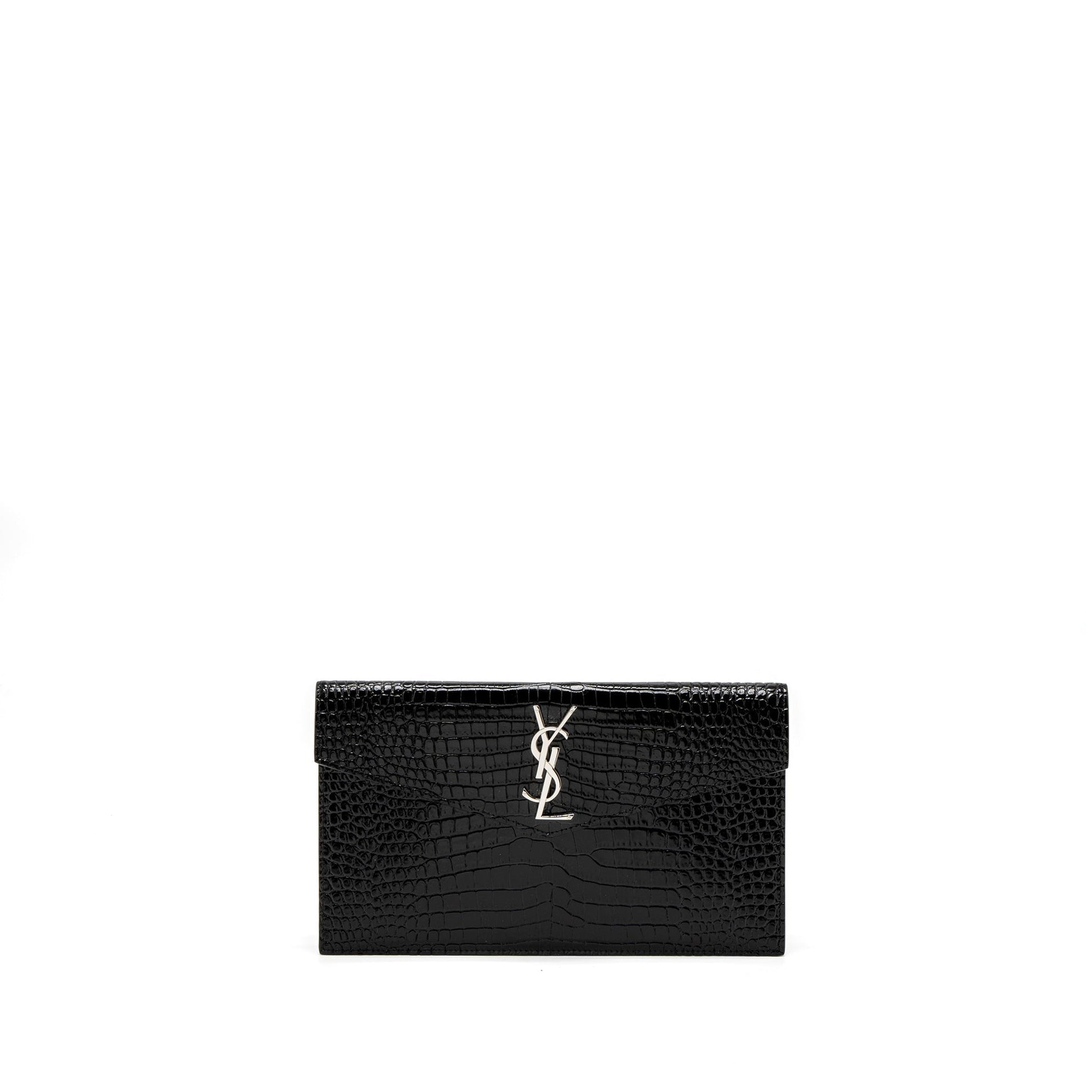 YSL Saint Laurent Uptown Pouch Crocodile Embossed Calfskin Travel Bag Black