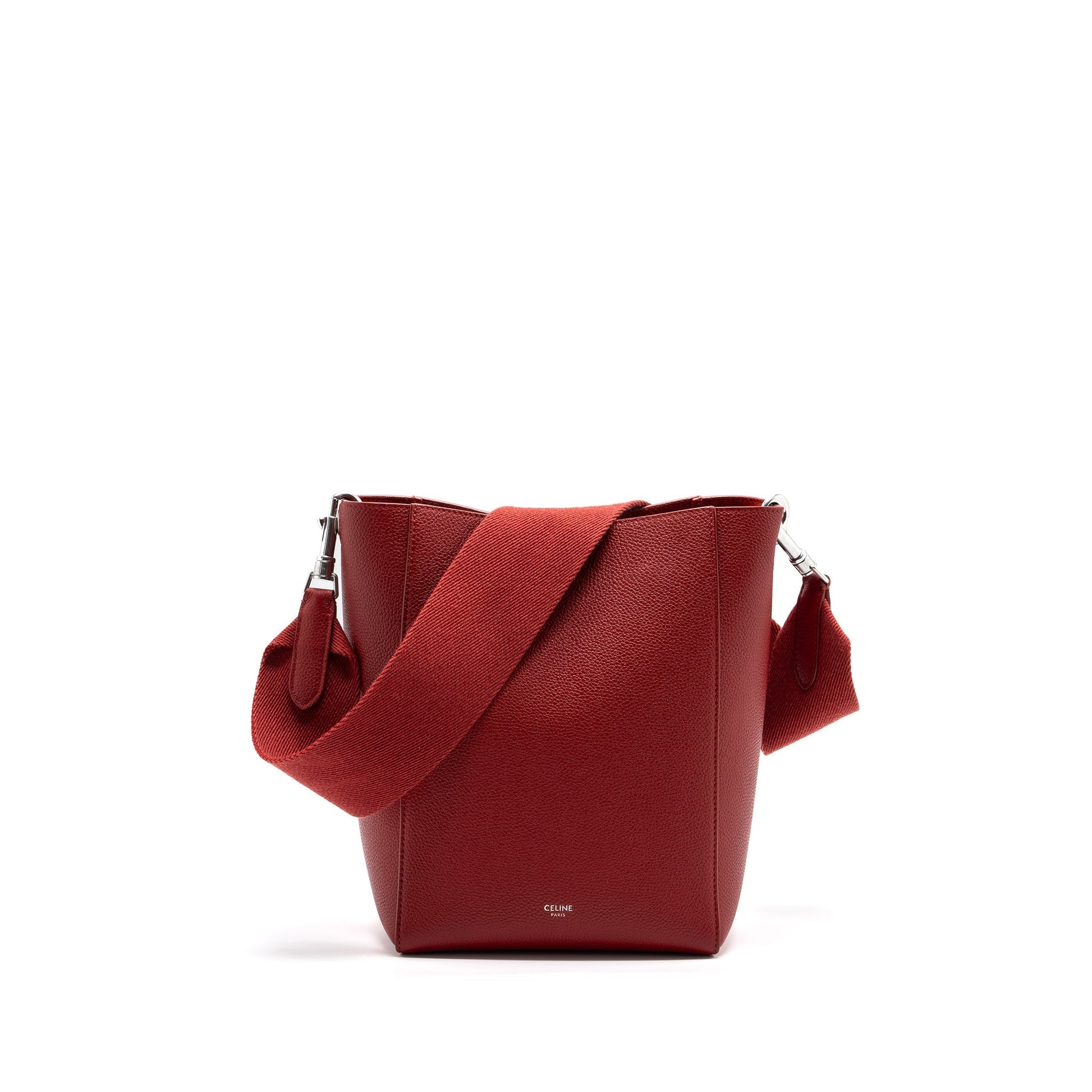 Celine Sangle Purse Grained Calfskin Handbag Red Small Bucket Bag