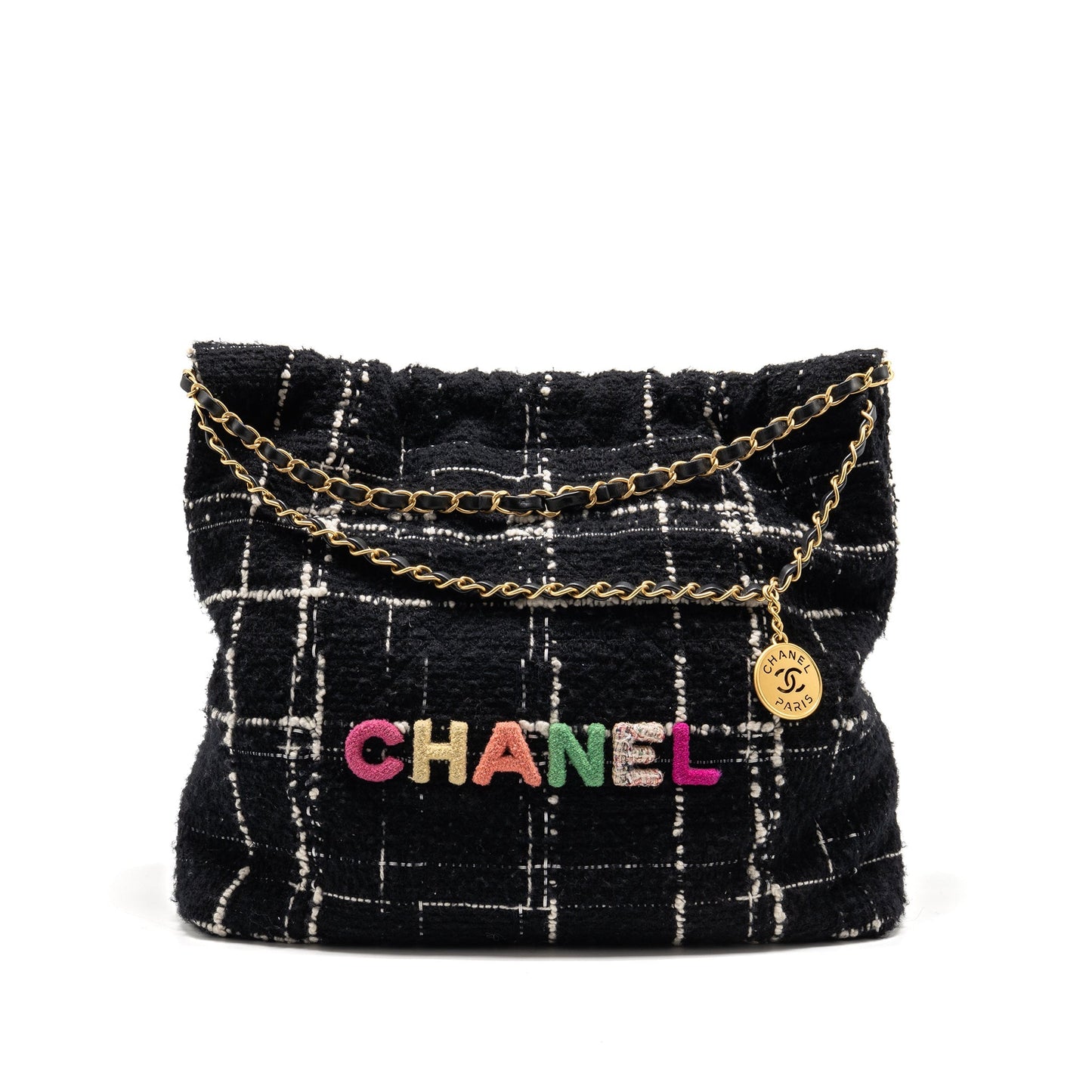 Chanel 22 Quilted Tweed GHW Microchip Multicolour Black Handbag