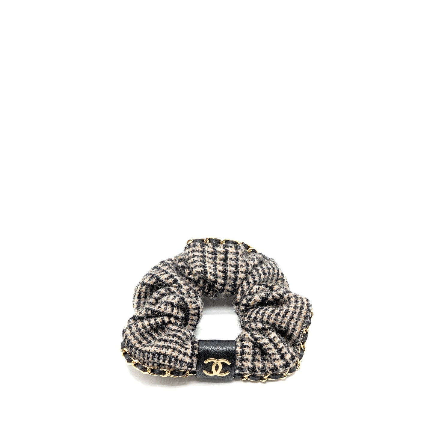 Chanel 22k Hair Tie Tweed detail Scrunchie Black Beige Leather Handbag