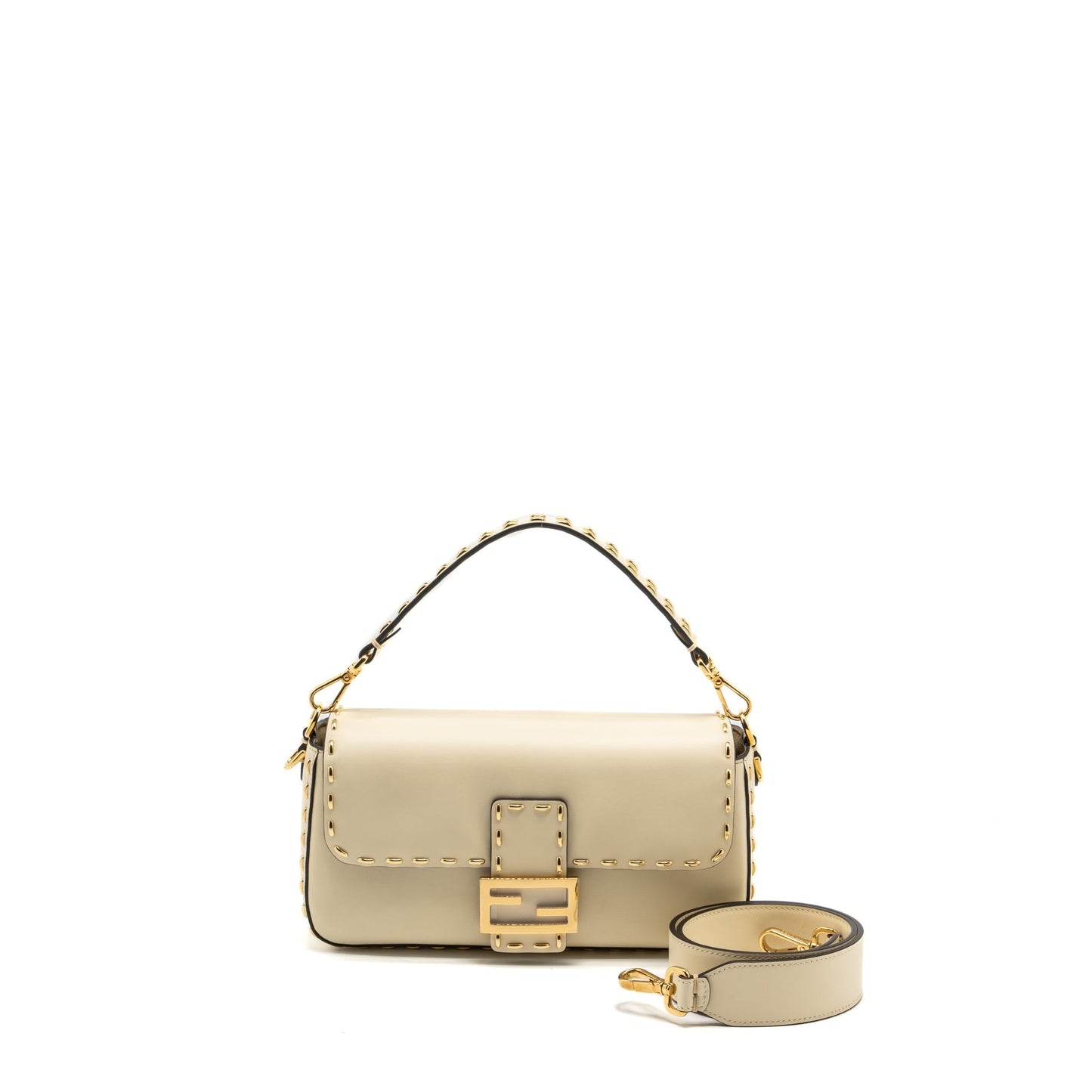 Fendi King Stitch Baguette Handbag Metal Lambskin Vitello Shoulder Bag