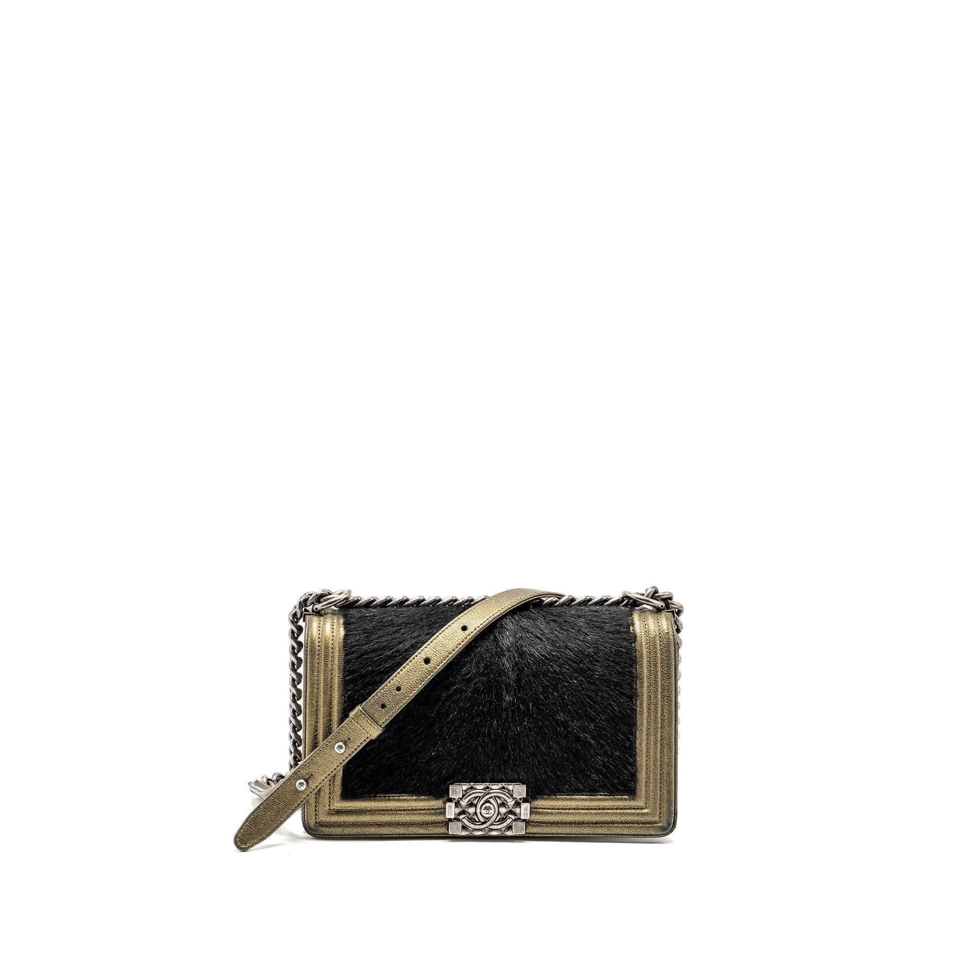 Chanel boy horsehair calfskin ruthenium hardware Black Gold Handbag