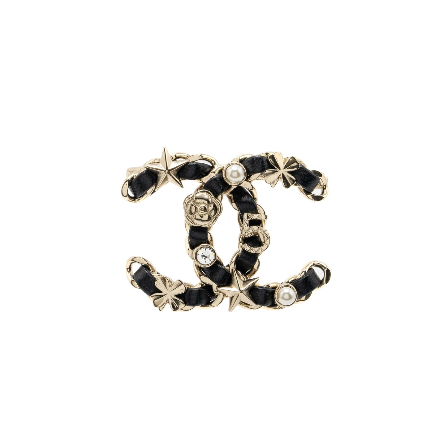 Chanel Camellia Crystal Pearl Brooch Light Tone Gold Leather Handbag