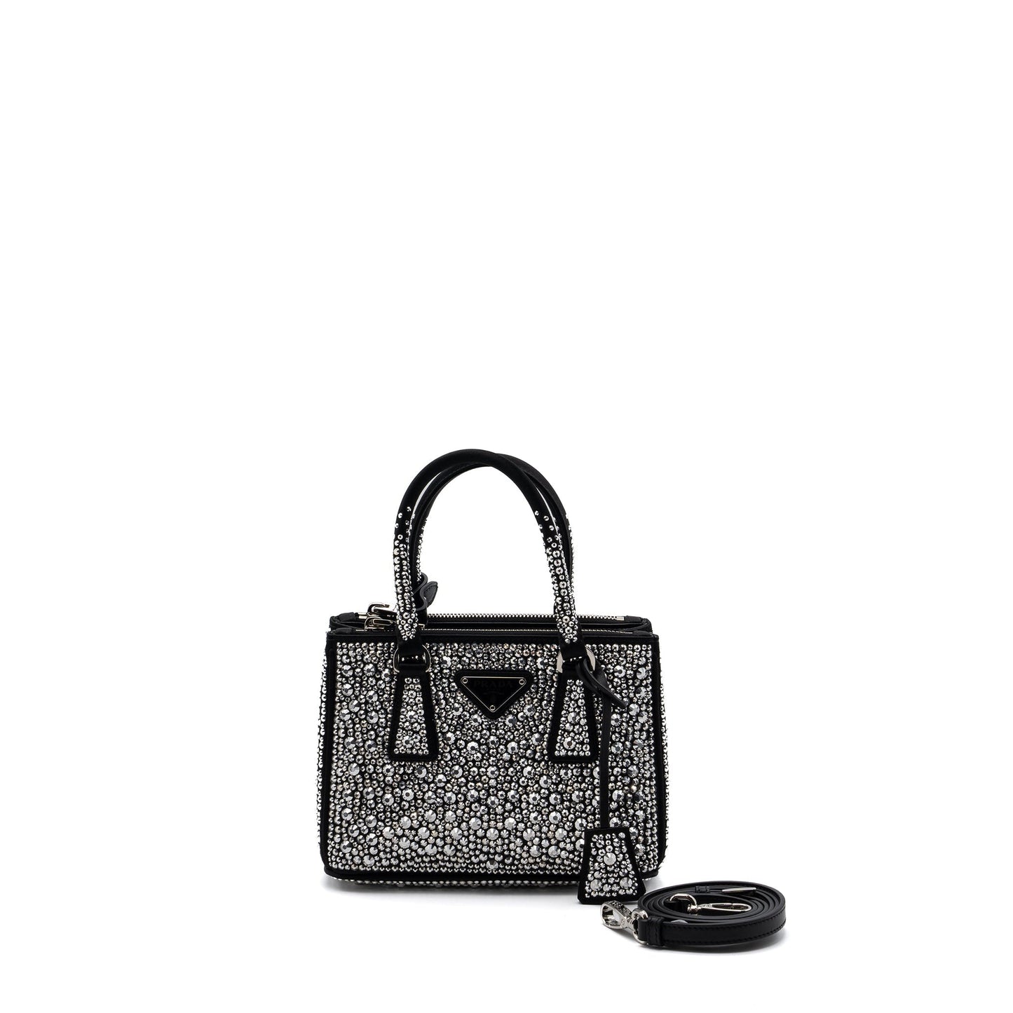 Prada Galleria Purse With Crystal Handbag Satin Black Travel Bag