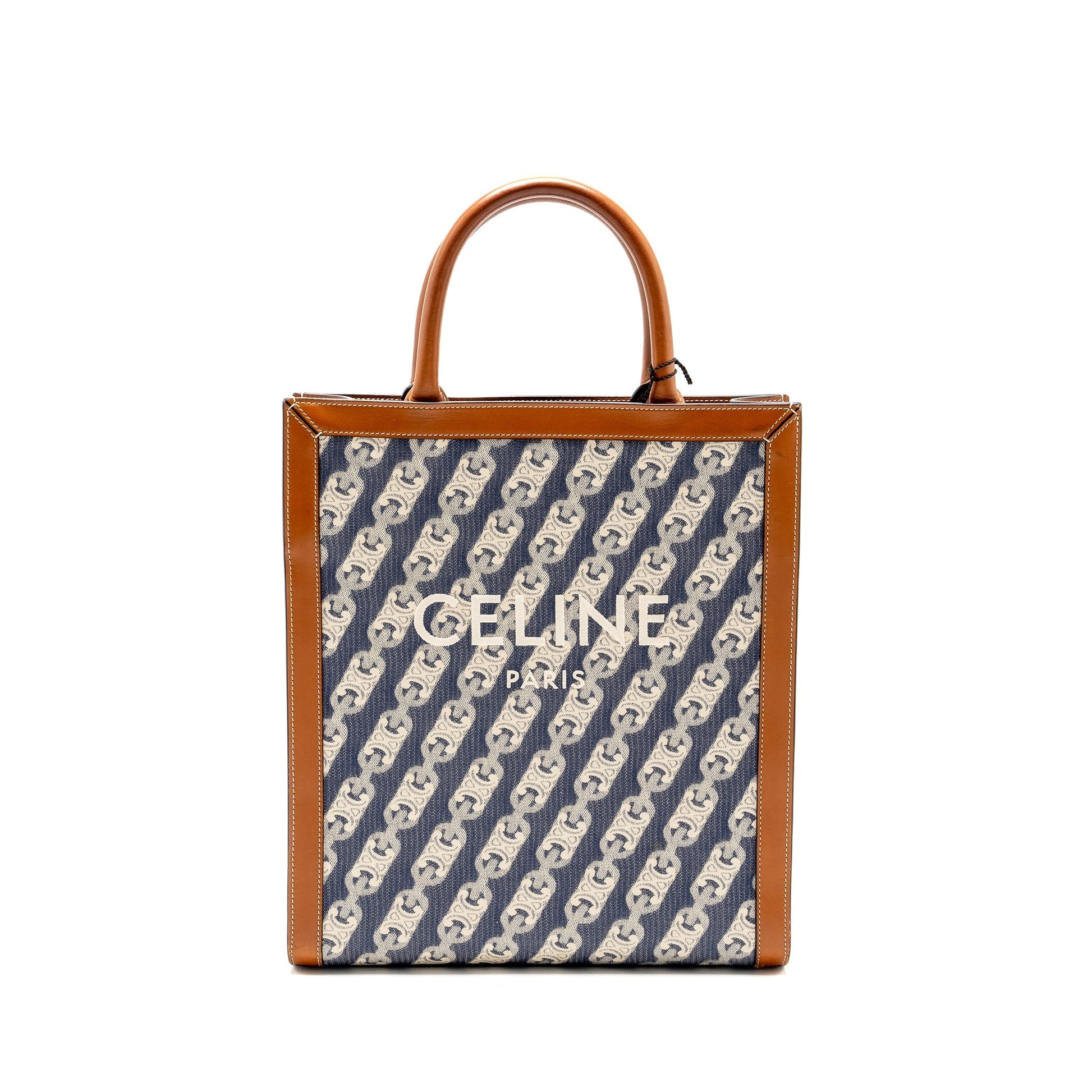 Luxury Vertical Cabas Tote In Triomphe Navy Leather Denim Tote Bag Tan Handbag