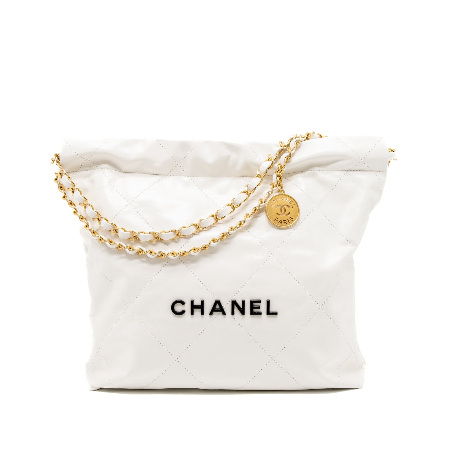 Chanel 22 Letter Shiny Calfskin Brushed GHW Black White Small Handbag