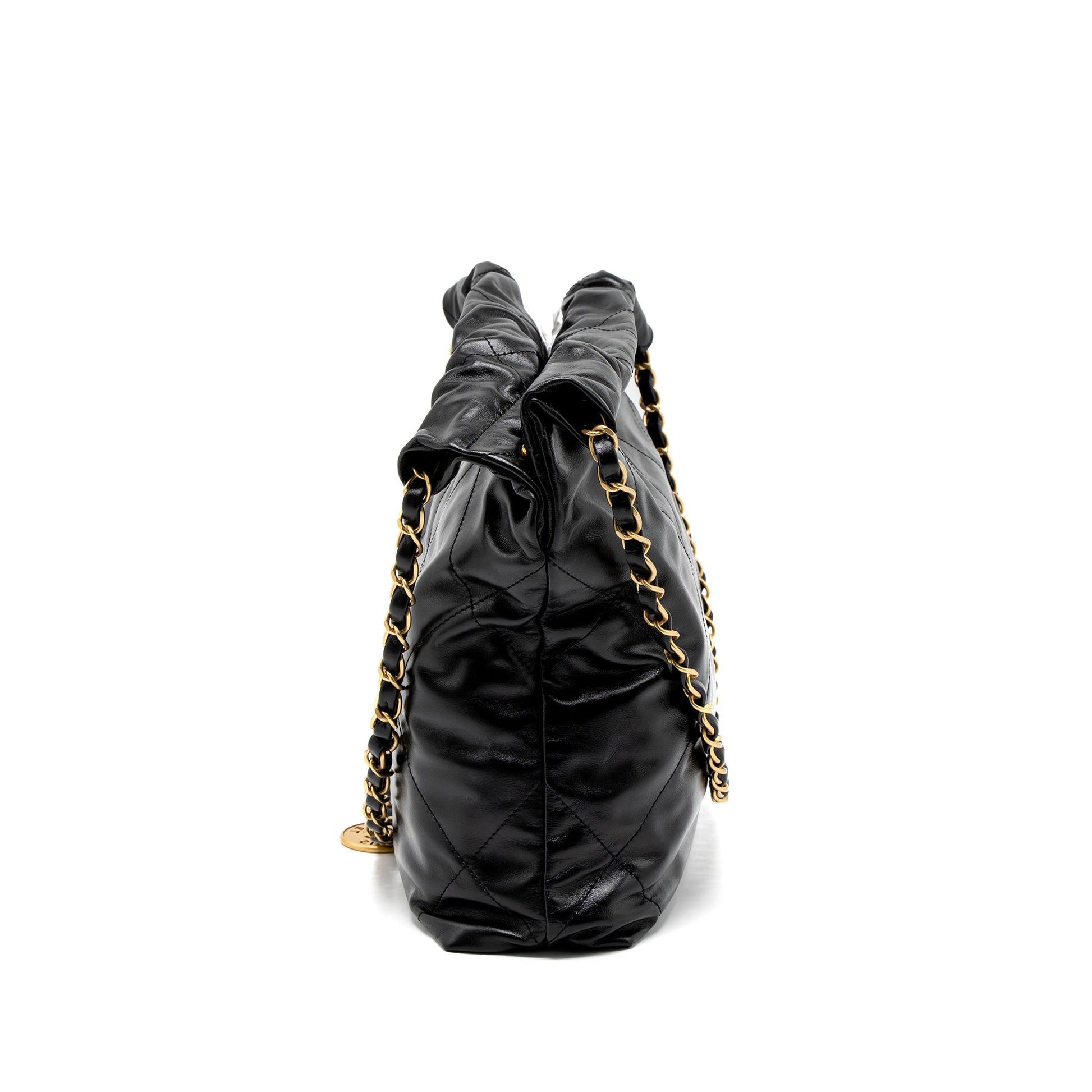 Chanel 22 Letter Shiny Calfskin Brushed GHW Black Gold Small Handbag