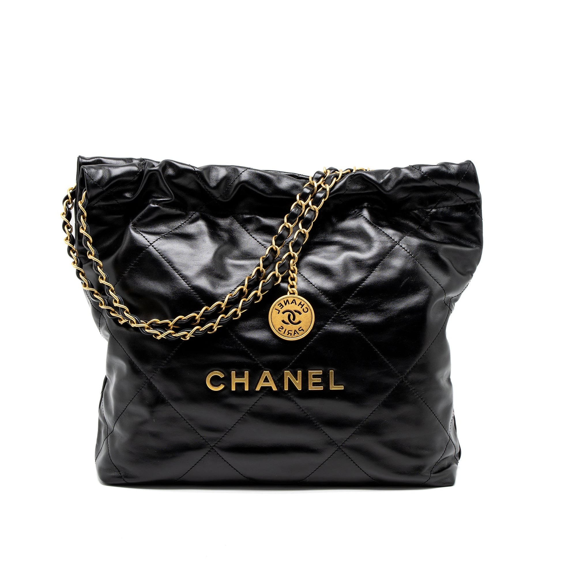 Chanel 22 Letter Shiny Calfskin Brushed GHW Black Gold Small Handbag