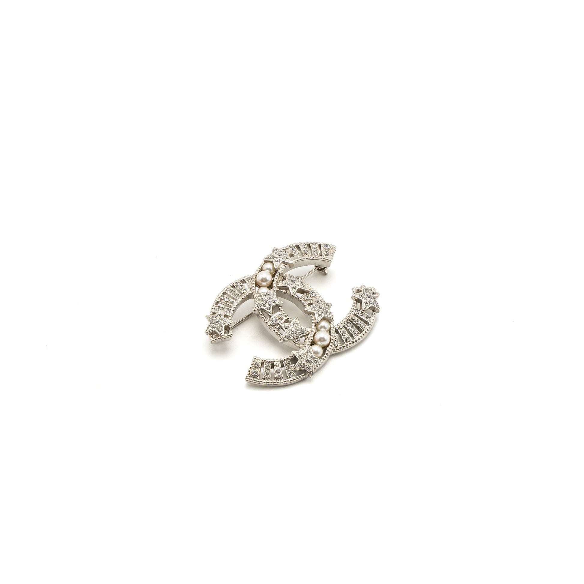 Chanel CC Comet Logo Brooch Crystal Pearl Silver Handbag