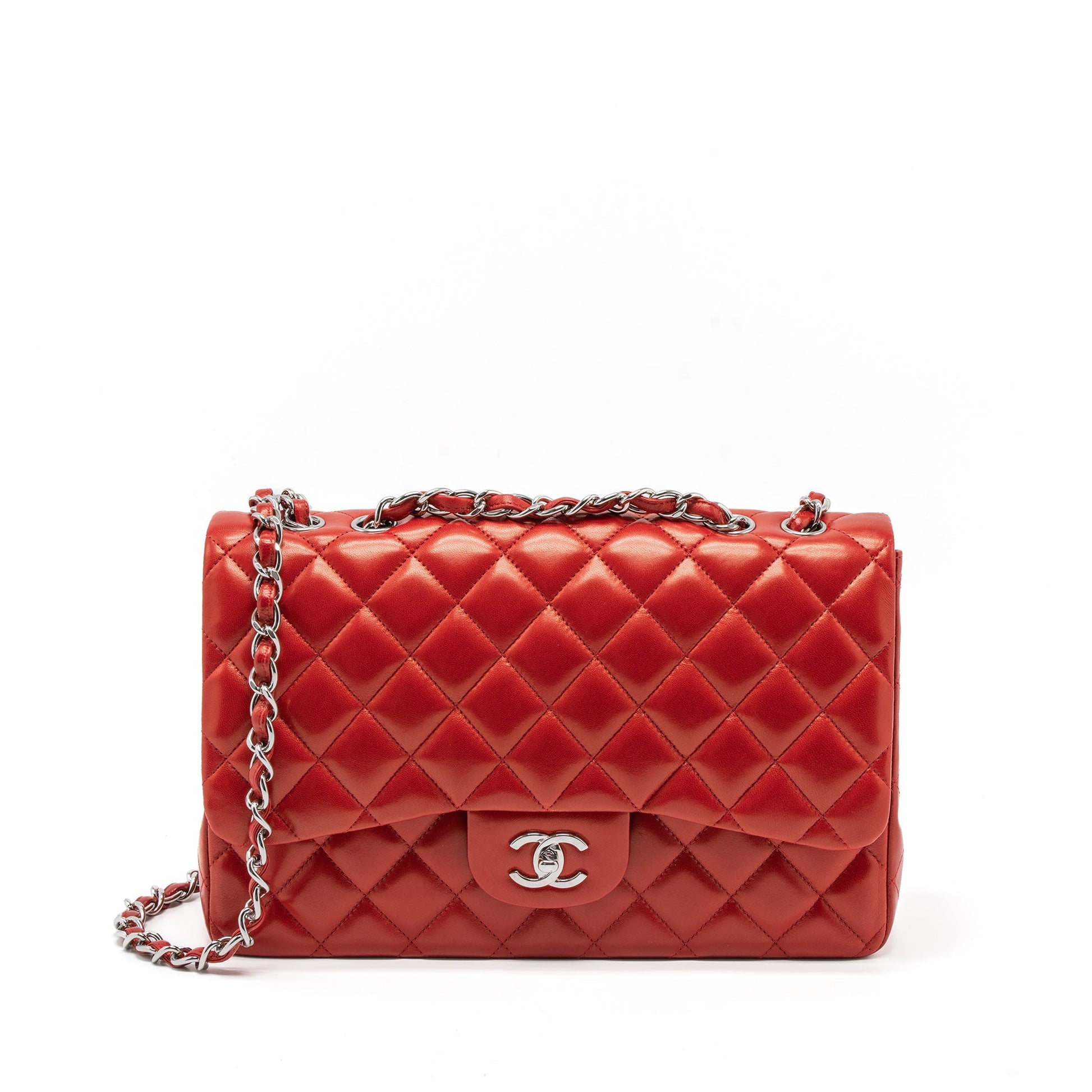 Chanel Jumbo Classic Single Flap Lambskin SHW Red Shoulder Bag