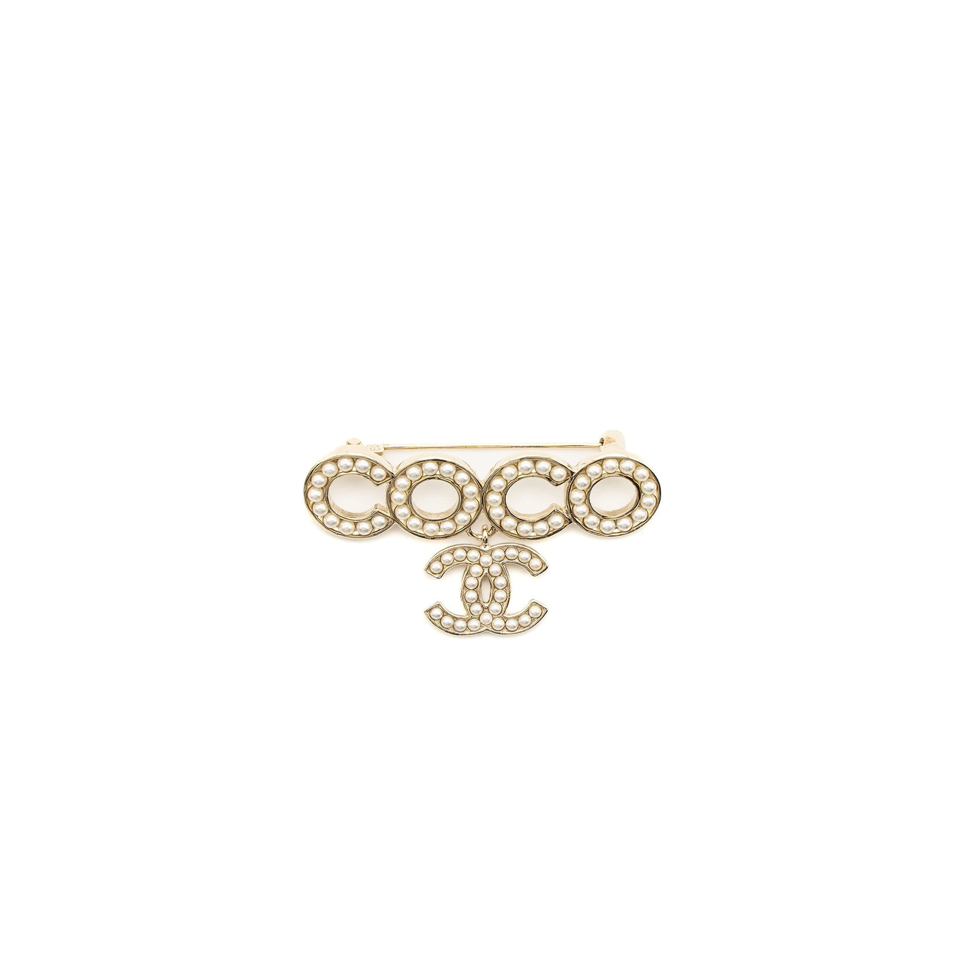 Chanel Coco Logo Brooch Pearl Light Tone Gold Handbag