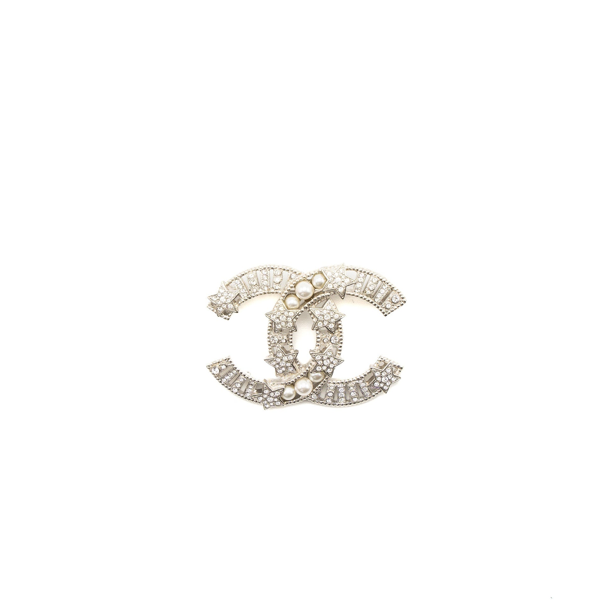 Chanel CC Comet Logo Brooch Crystal Pearl Silver Handbag