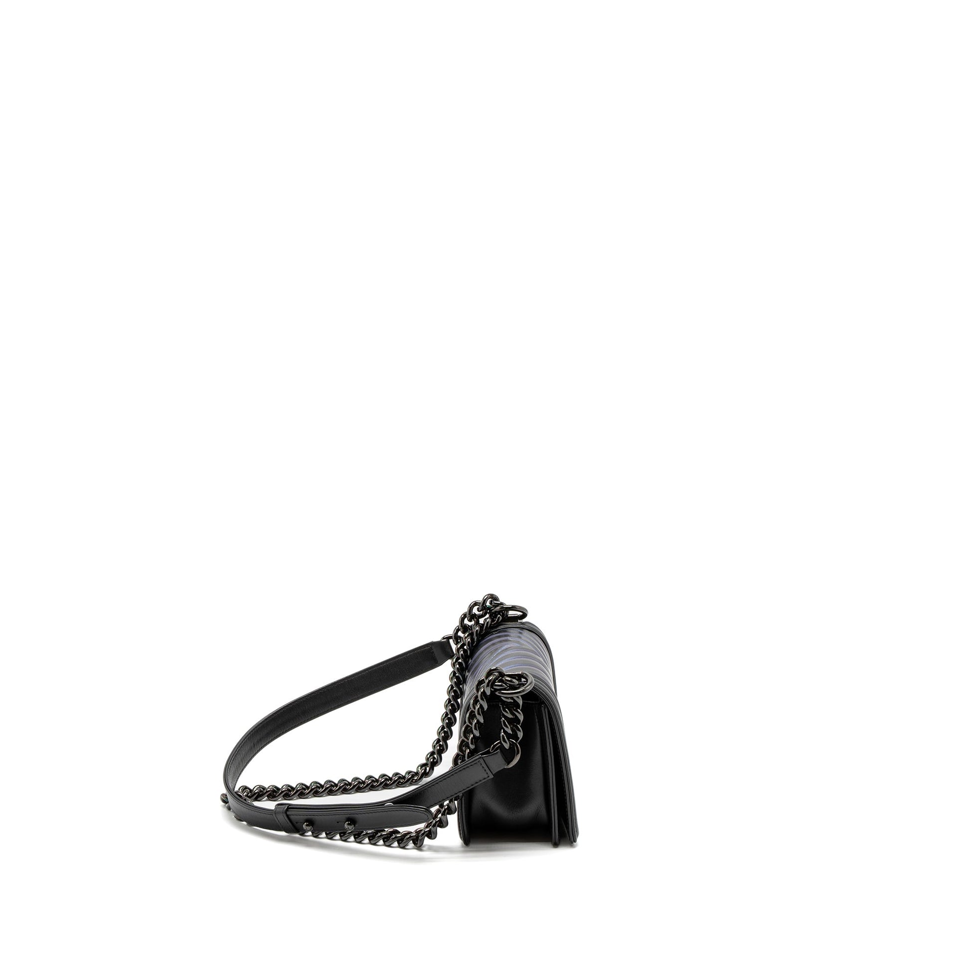 Chanel Boy Chevron Calfskin Iridescent Hardware Black Blue Small Handbag