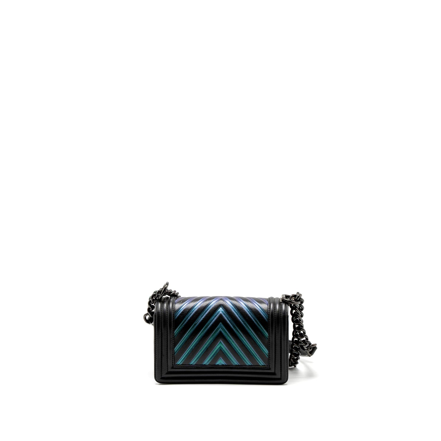 Chanel Boy Chevron Calfskin Iridescent Hardware Black Blue Small Handbag
