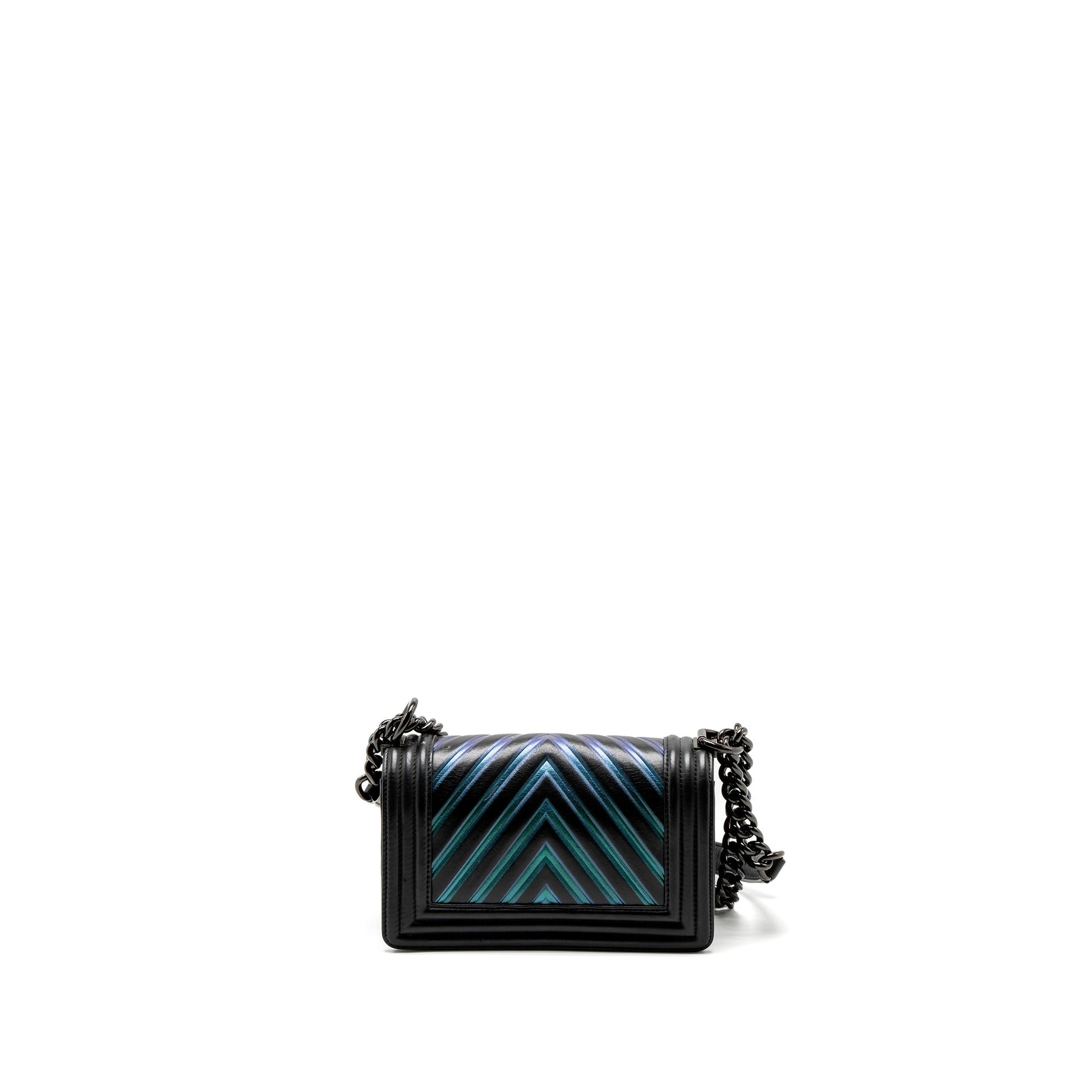 Chanel Boy Chevron Calfskin Iridescent Hardware Black Blue Small Handbag