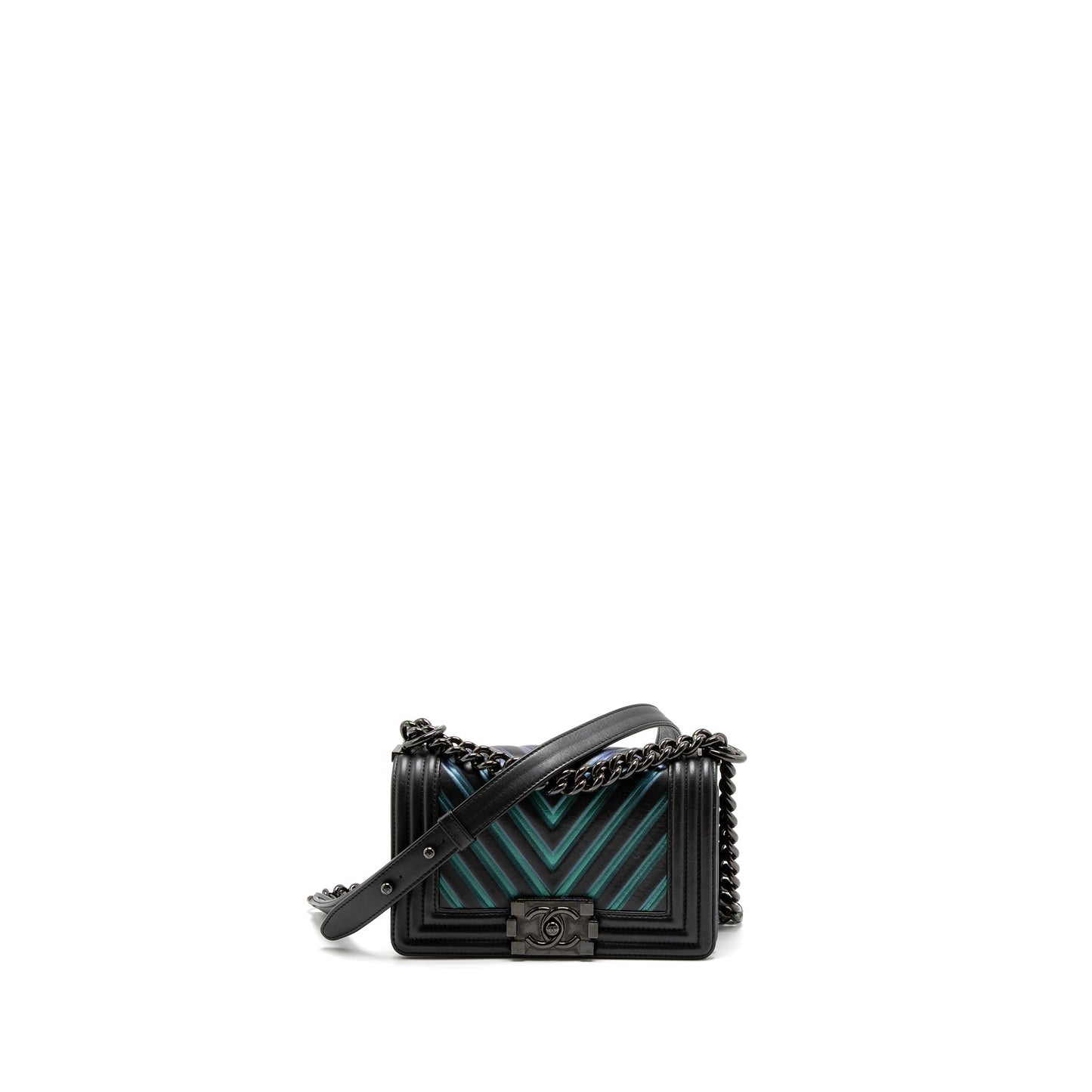 Chanel Boy Chevron Calfskin Iridescent Hardware Black Blue Small Handbag