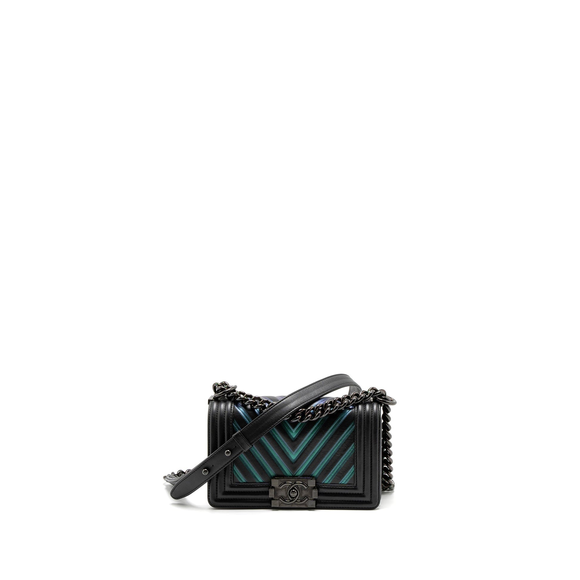 Chanel Boy Chevron Calfskin Iridescent Hardware Black Blue Small Handbag