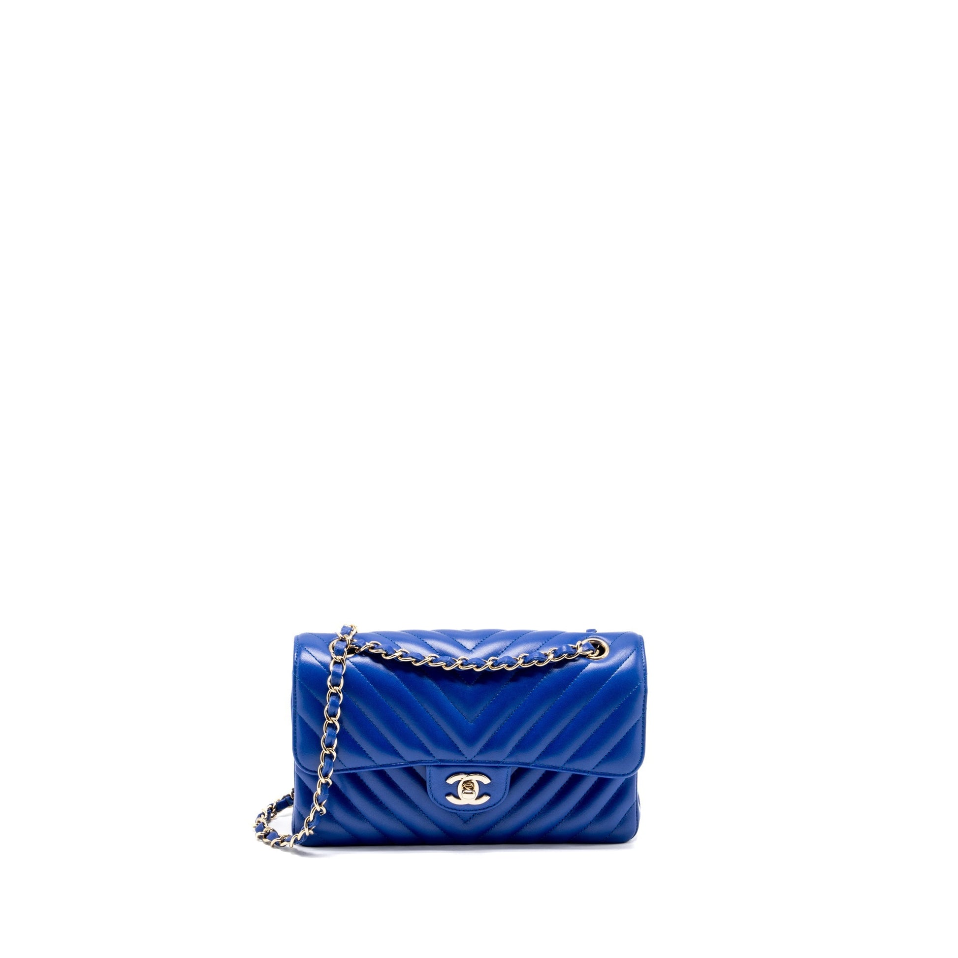Chanel classic double flap chevron lambskin LGHW Blue Small Shoulder Bag