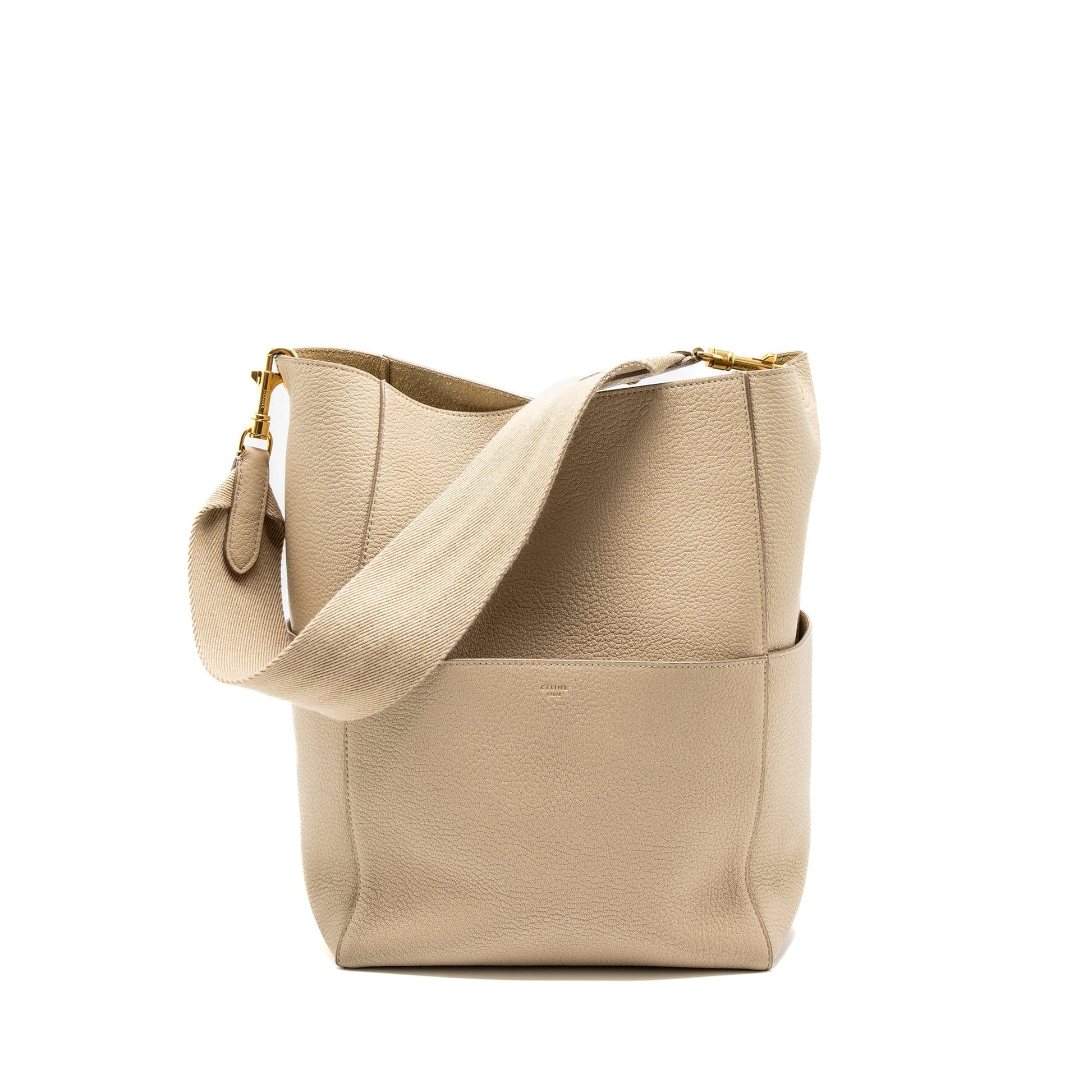 Celine Sangle Purse Calfskin Handbag Beige Bucket Bucket Bag