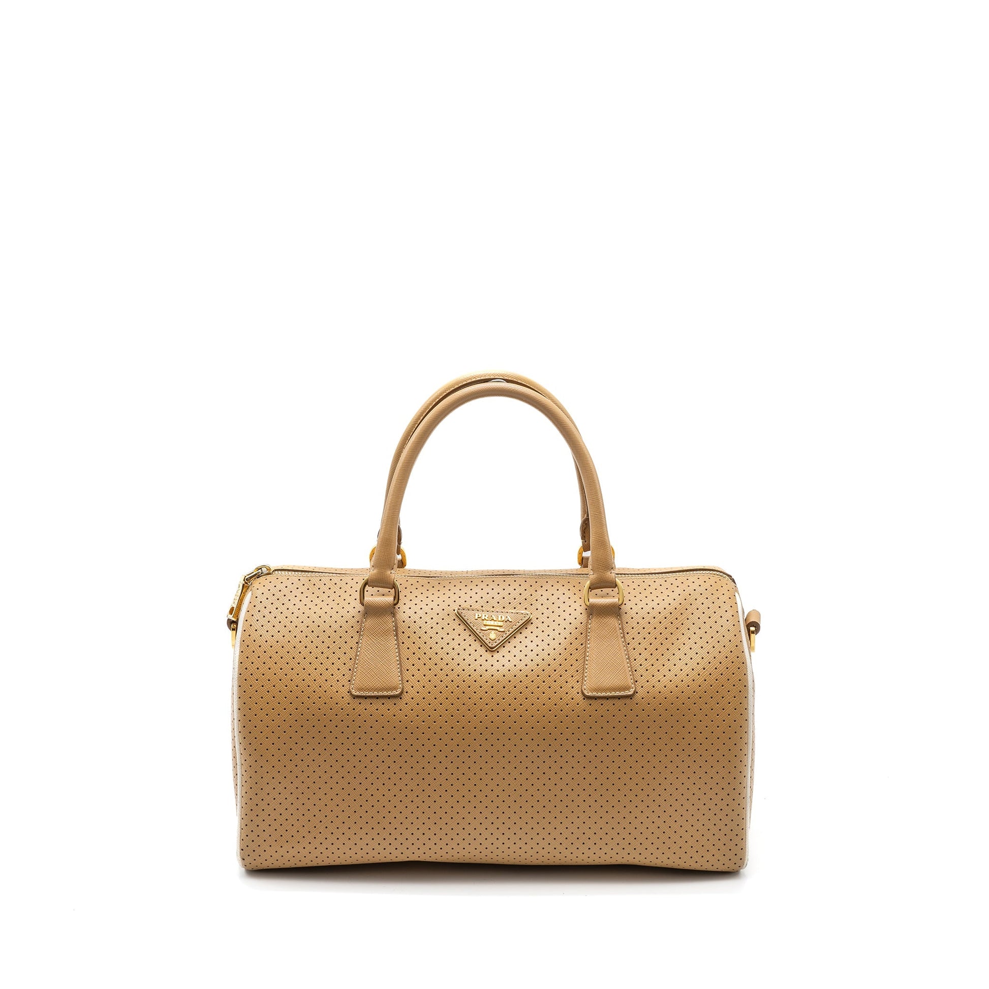 Prada Boston Tote Purse Calfskin Handbag Leather Beige Tote Bag
