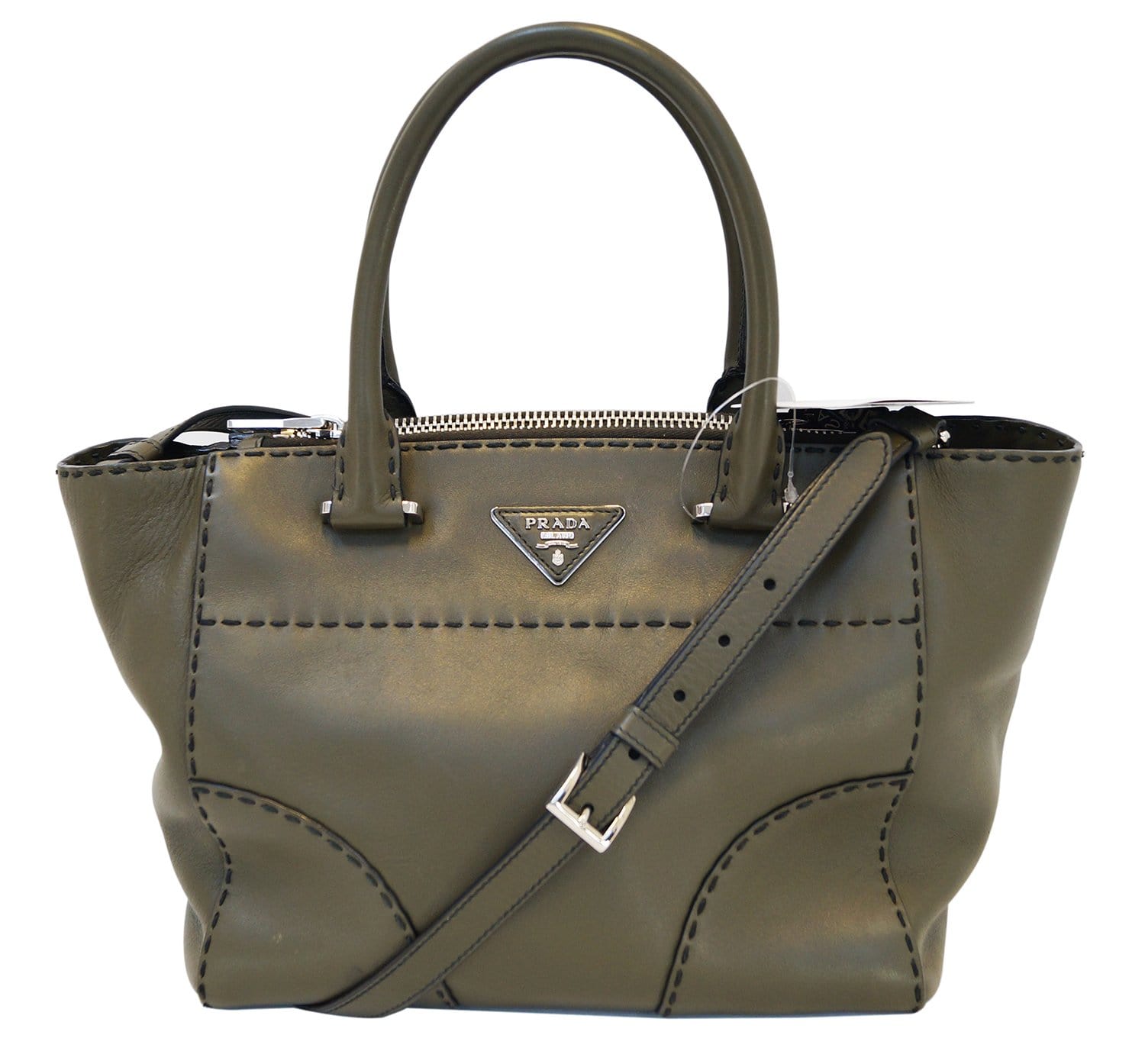 Prada City Calf Topstitched Twin Pocket Tote Bag Leather Calf Leather Medium Shoulder Bag