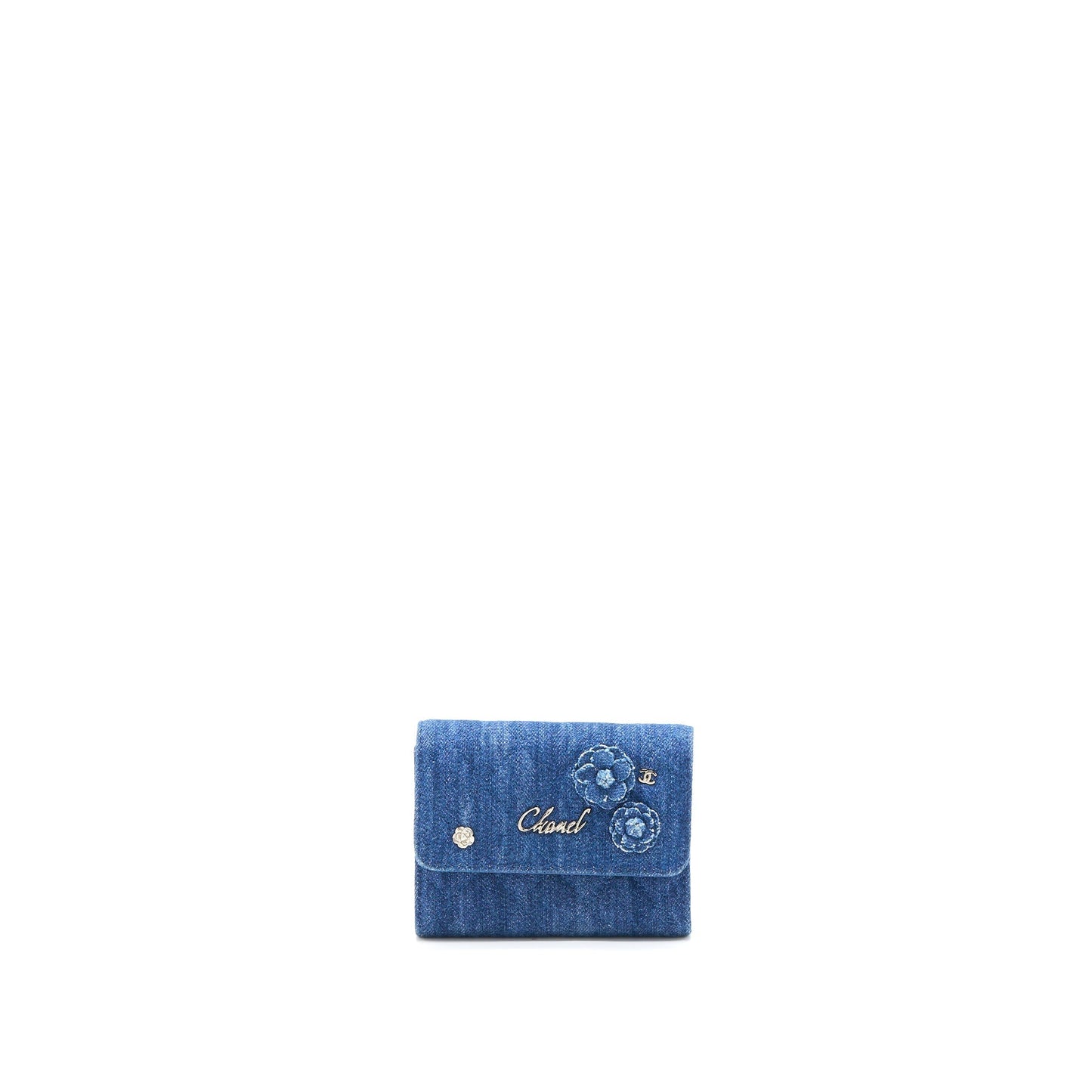 Chanel Flap Card Holder Camellia Denim SHW Blue Wallet Case