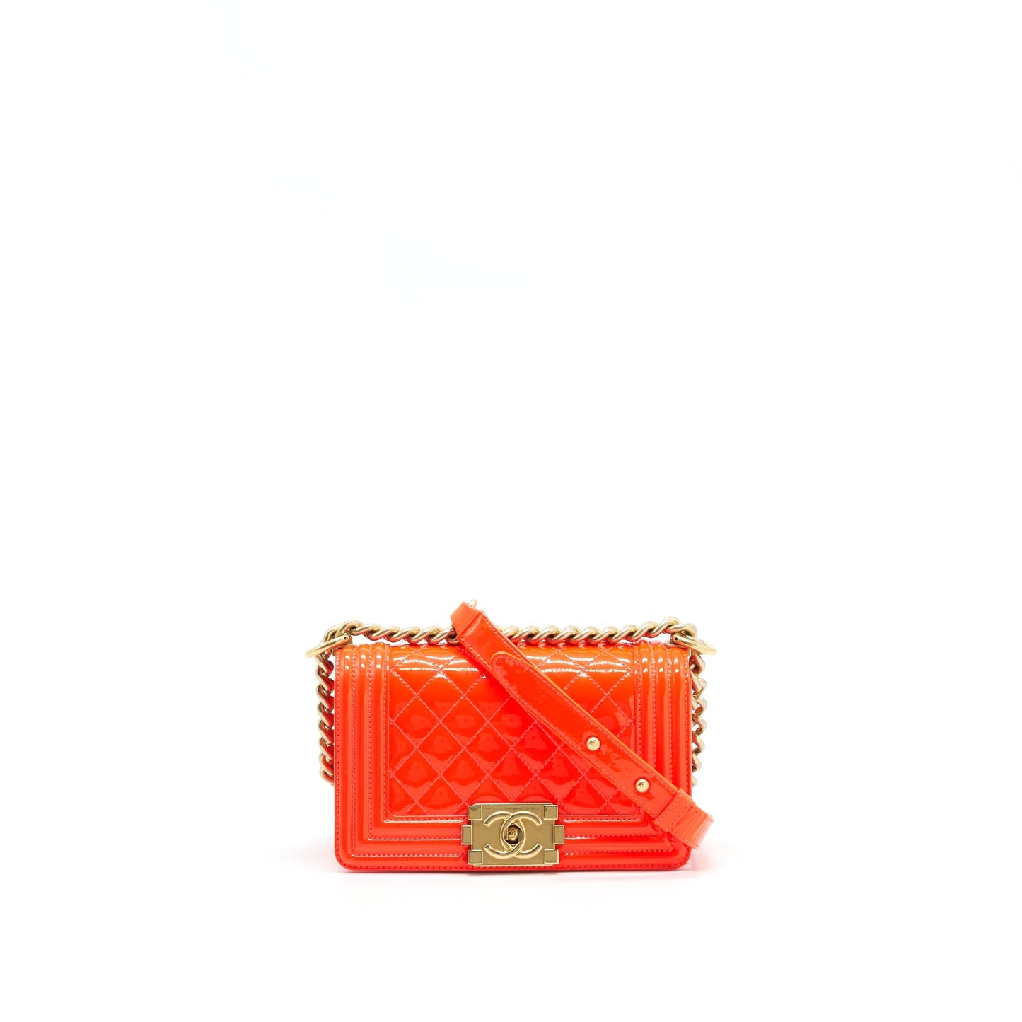Chanel Boy patent Bright GHW Pink Orange Small Leather Handbag