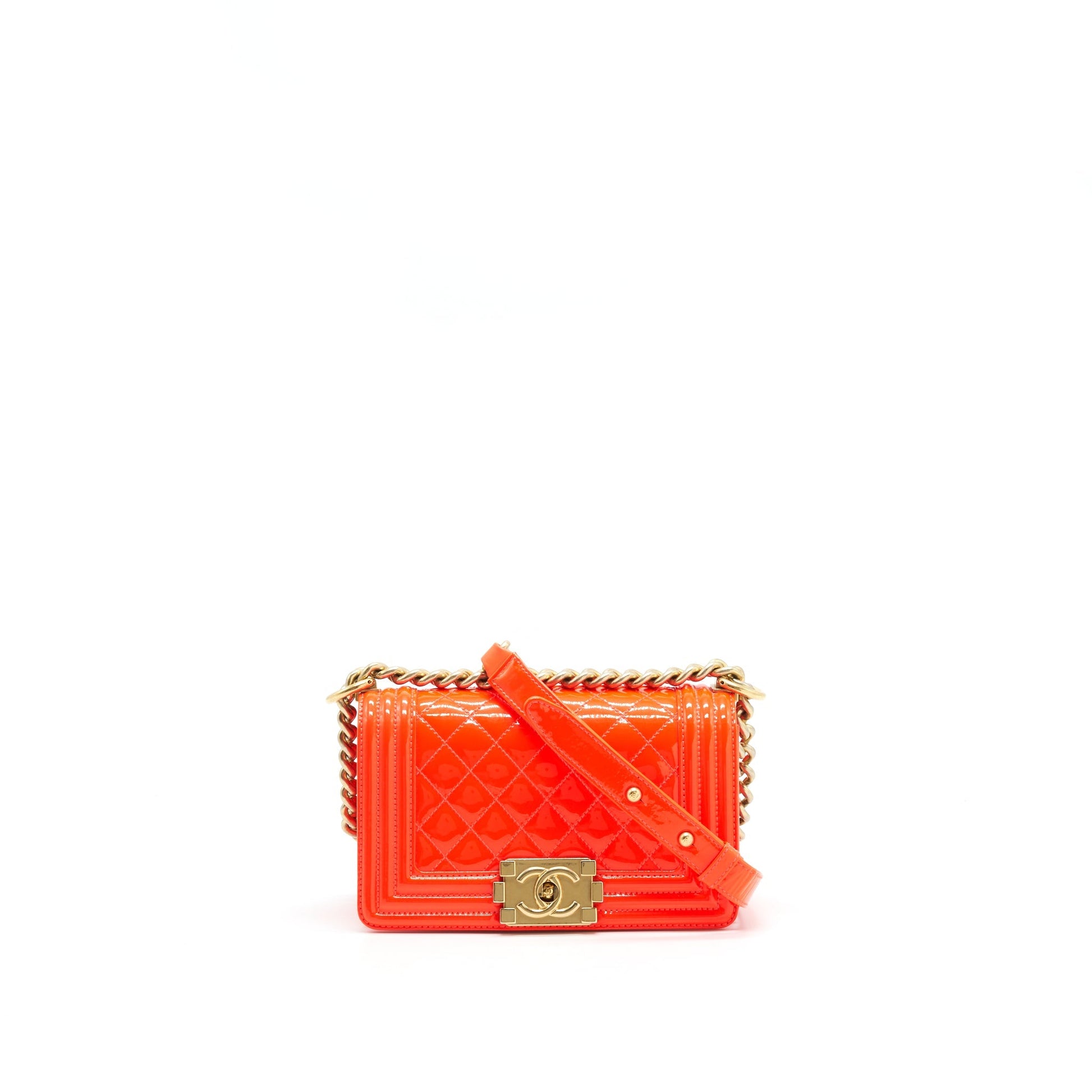 Chanel Boy patent Bright GHW Pink Orange Small Leather Handbag