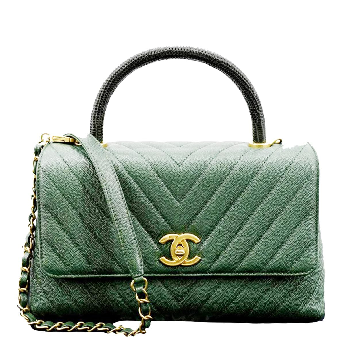 Chanel CC Caviar Top Handle Flap Leather Green Travel Bag
