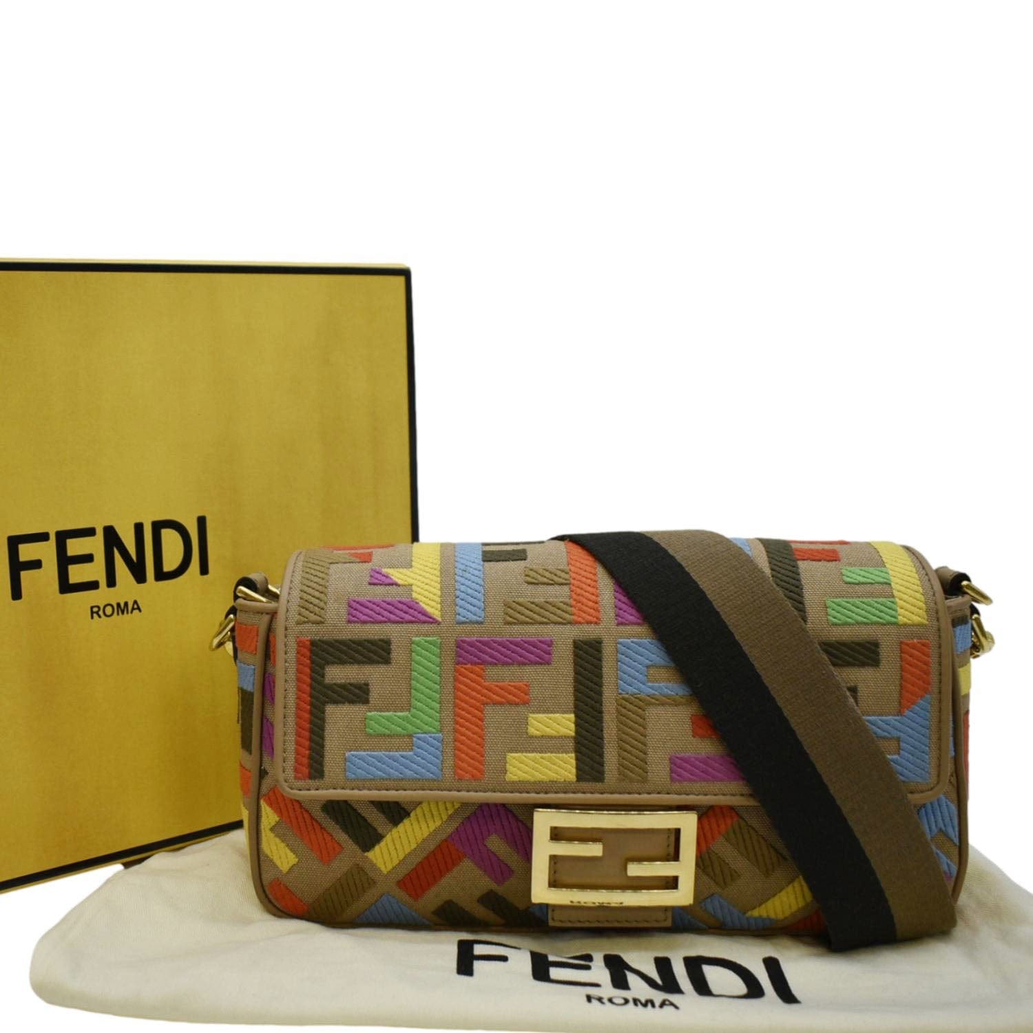 Fendi King Ff Baguette Shoulder Bag Cuoio Canvas Vitello Embroidered