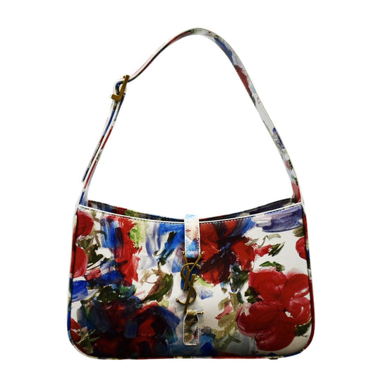 YSL Saint Laurent Yves Le Floral Printed Hobo Bag Leather White