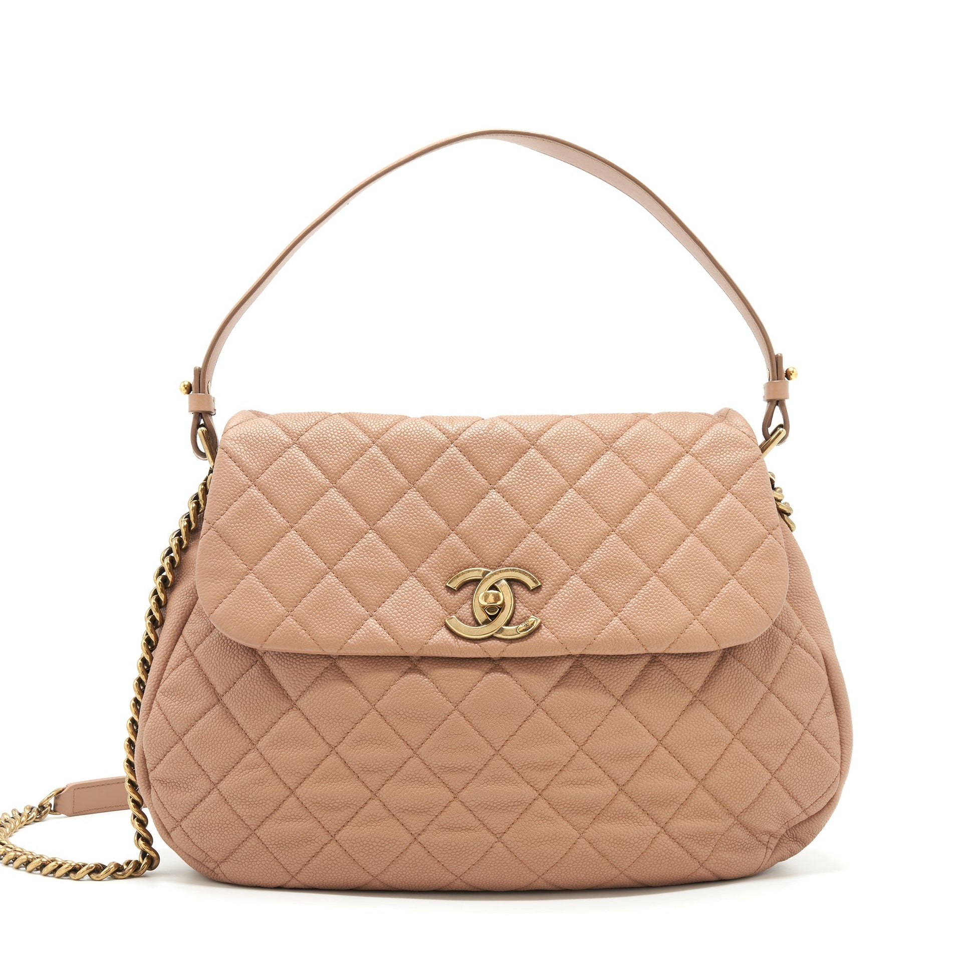 Chanel Round Flap Caviar Dark GHW Beige Shoulder Bag