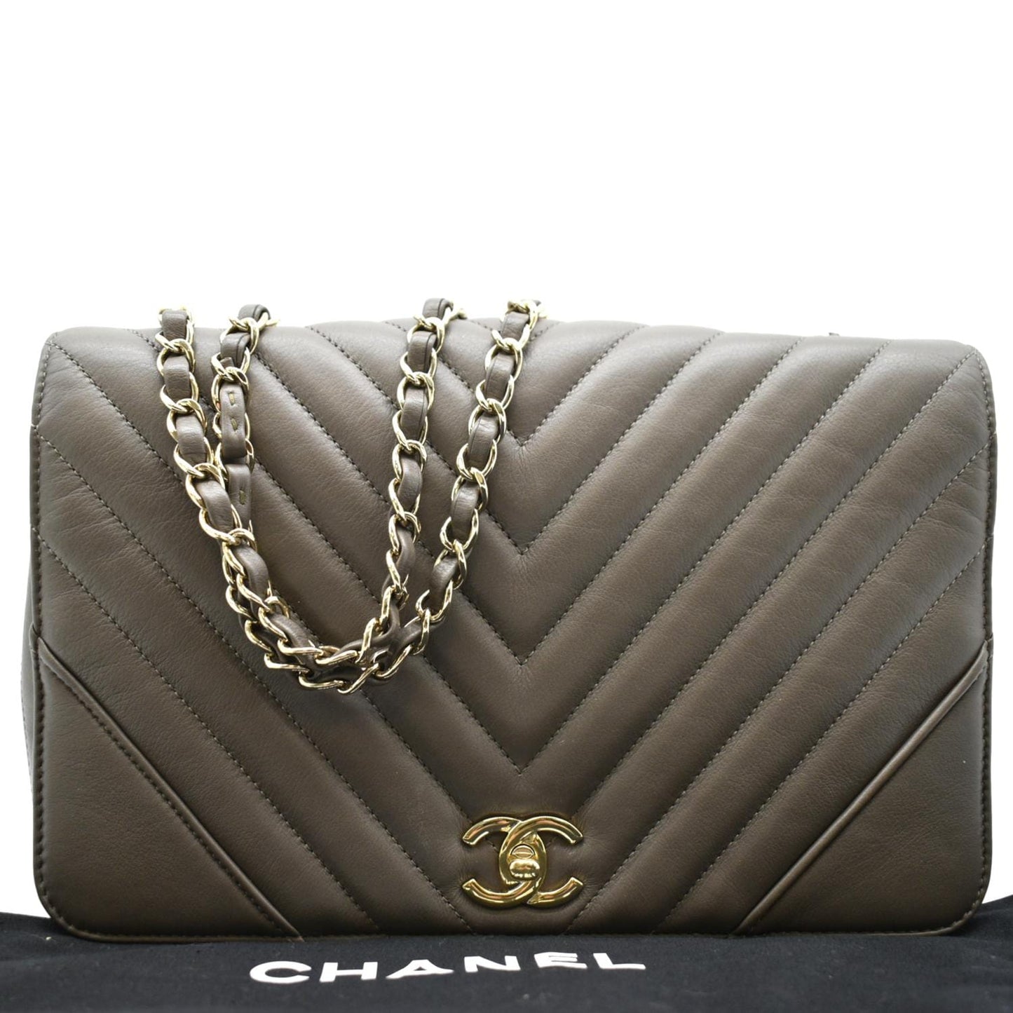Chanel Statement Flap Quilted Chevron Khaki Travel Bag