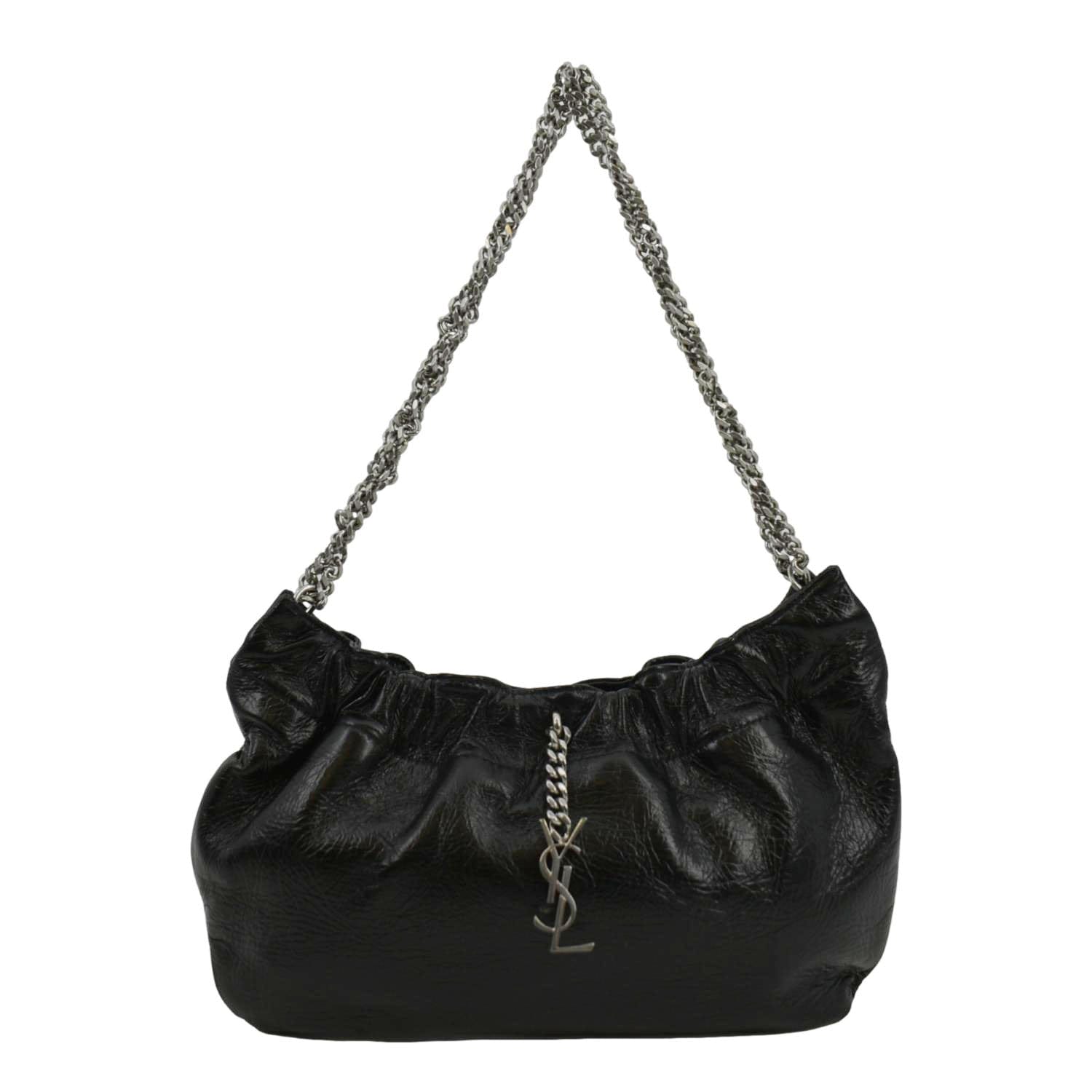 YSL Saint Laurent Yves Pac Pac Ruched Hobo Bag Leather Black
