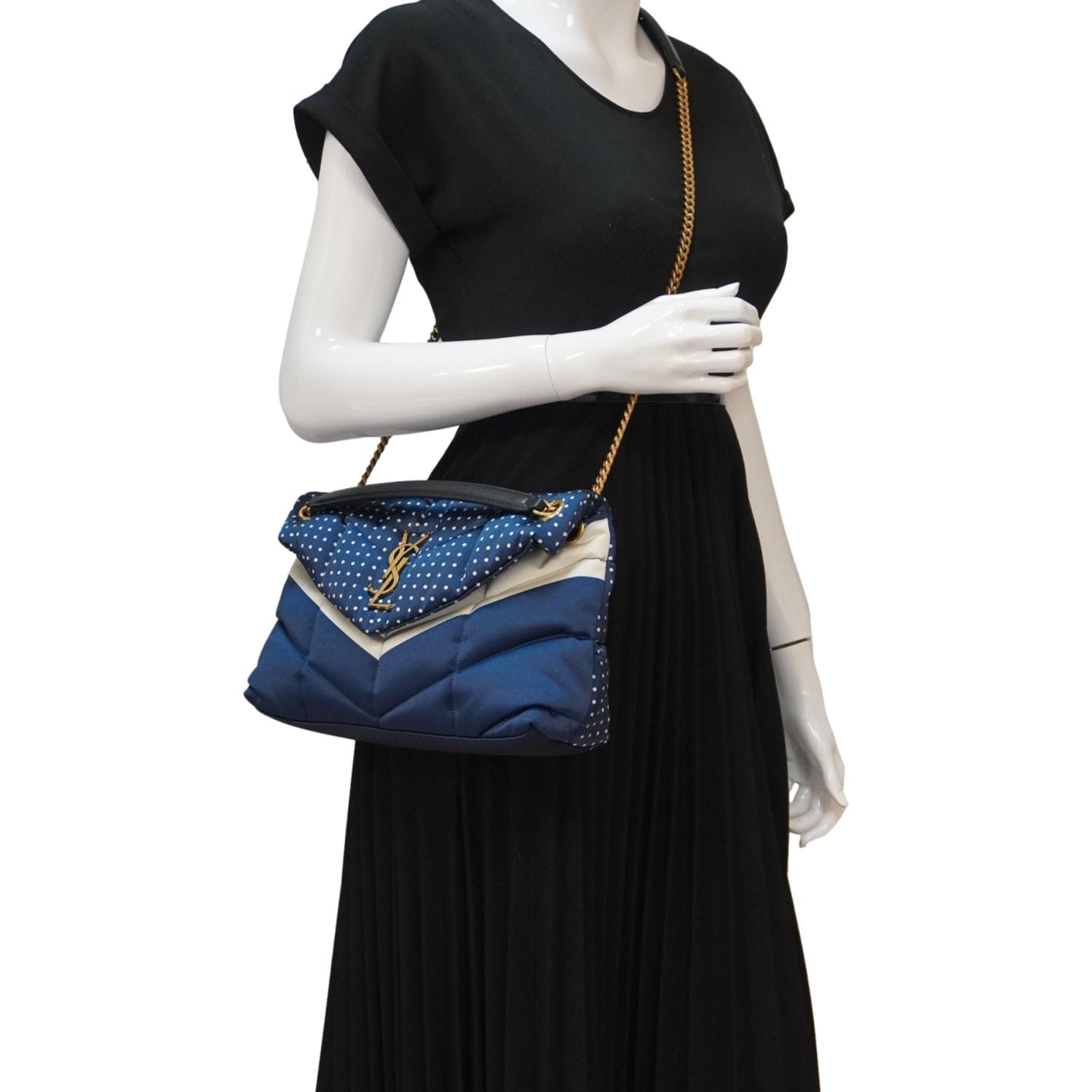 YSL Saint Laurent Yves Loulou Puffer Polka Dots Crossbody Bag Canvas Blue