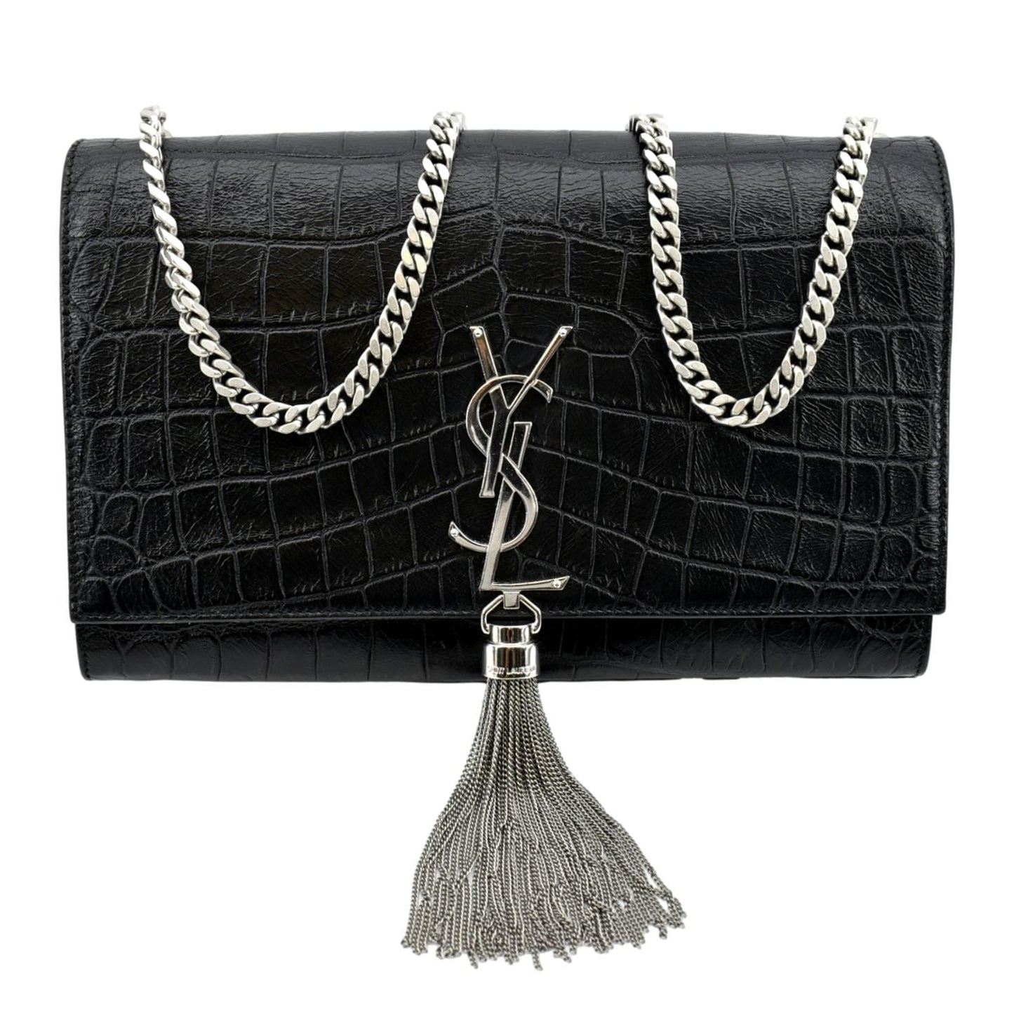 YSL Saint Laurent Yves Kate Crocodile Shoulder Bag Leather Black Embossed