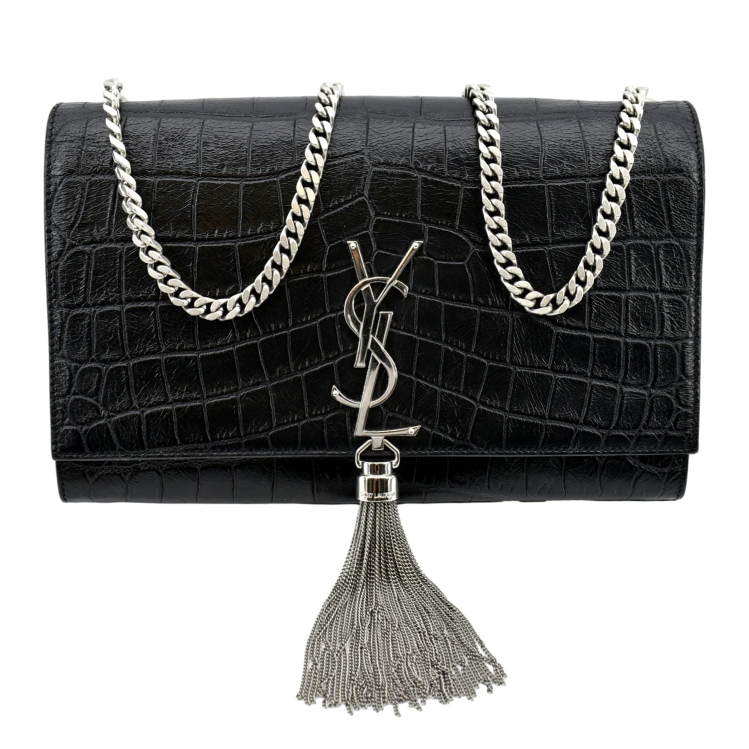 YSL Saint Laurent Saint Kate Crocodile Embossed Shoulder Bag Leather Black