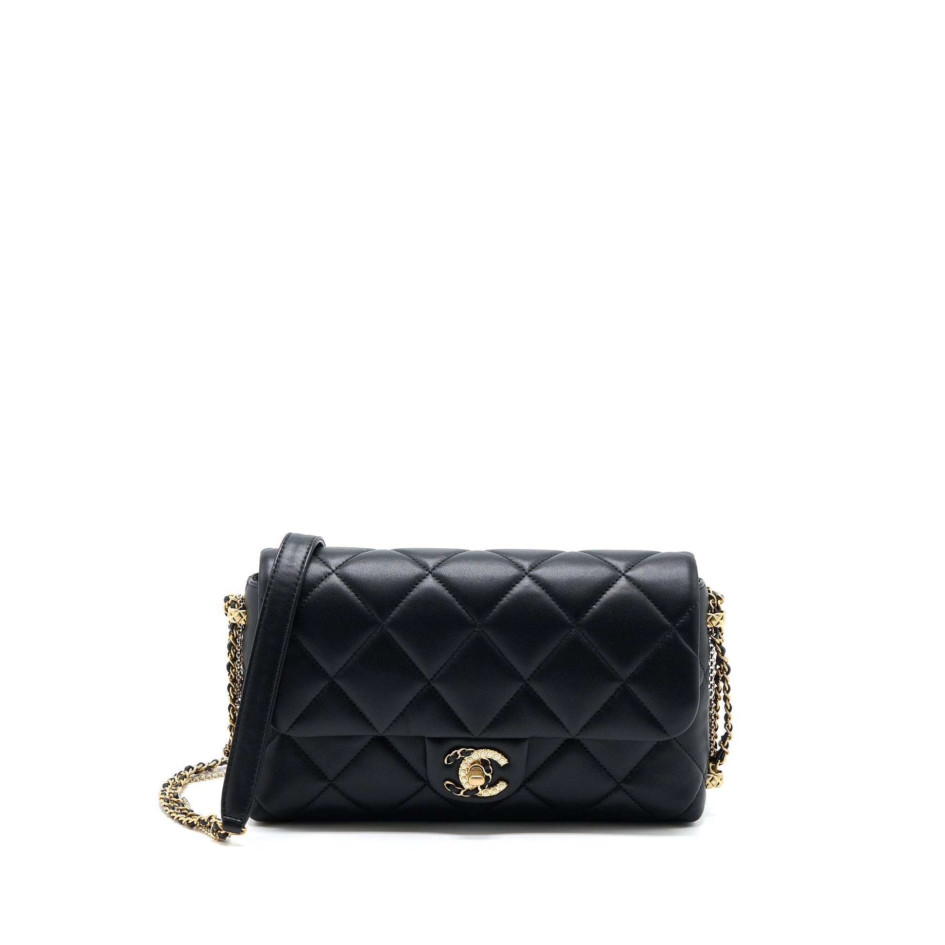 Chanel Quilted Detailed Logo Flap Lambskin GHW Black Shoulder Bag