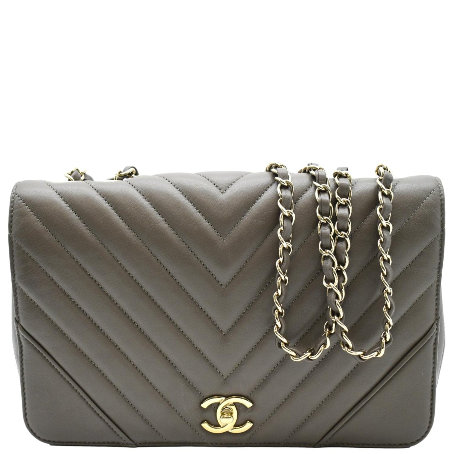 Chanel Statement Flap Quilted Chevron Khaki Travel Bag
