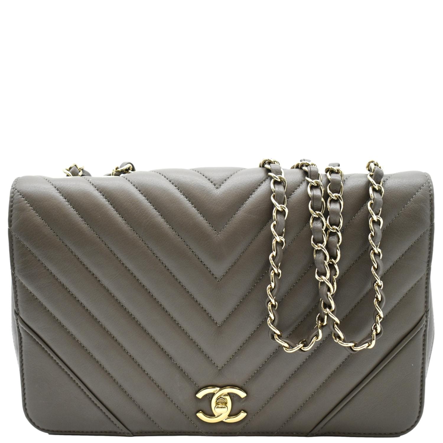 Chanel Statement Flap Quilted Chevron Khaki Travel Bag