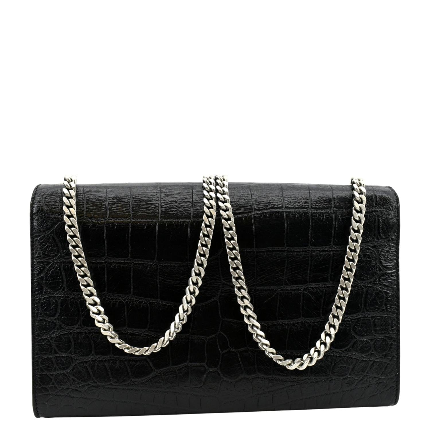 YSL Saint Laurent Yves Kate Crocodile Shoulder Bag Leather Black Embossed