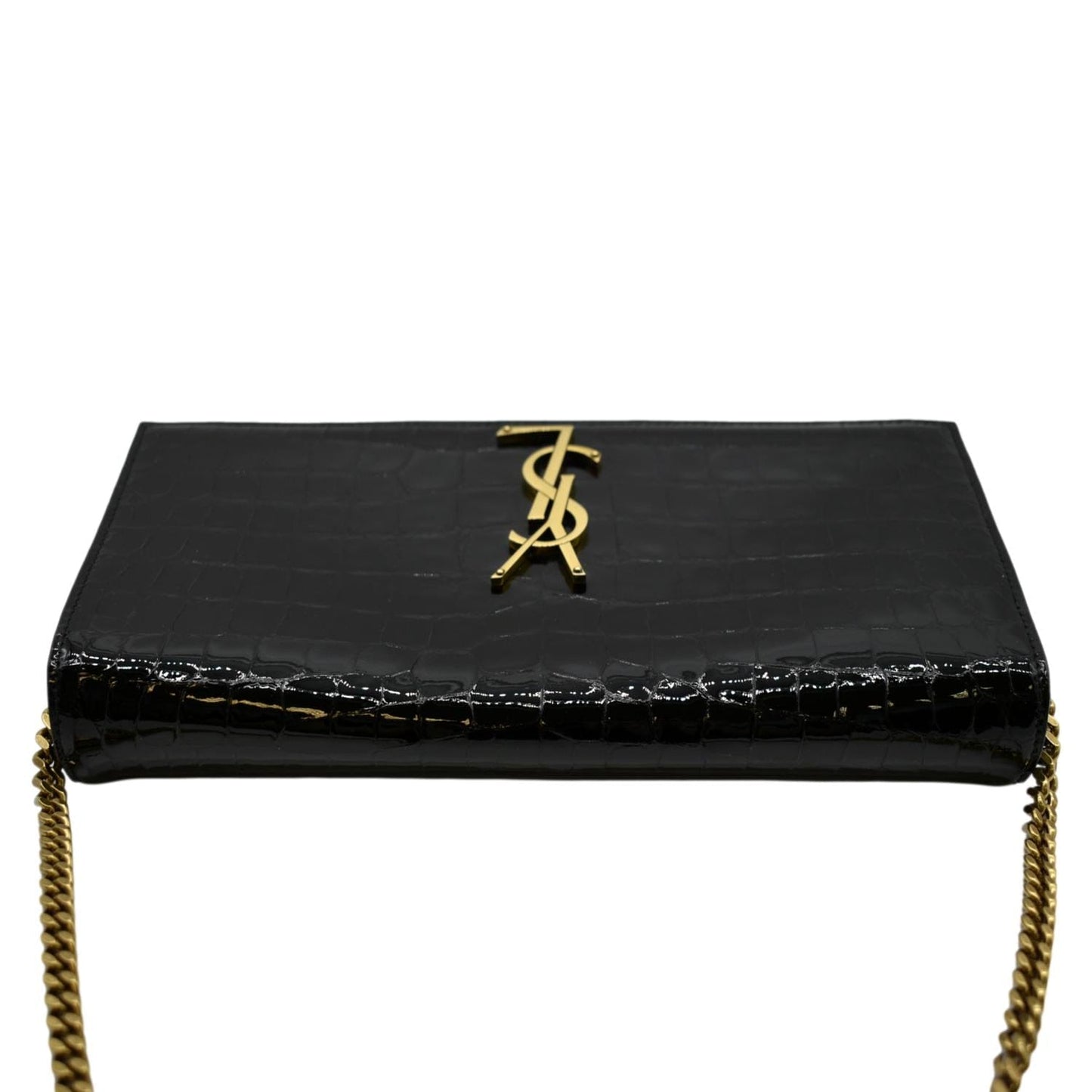 YSL Saint Laurent Yves Kate Alligator Shoulder Bag Leather Black Chain
