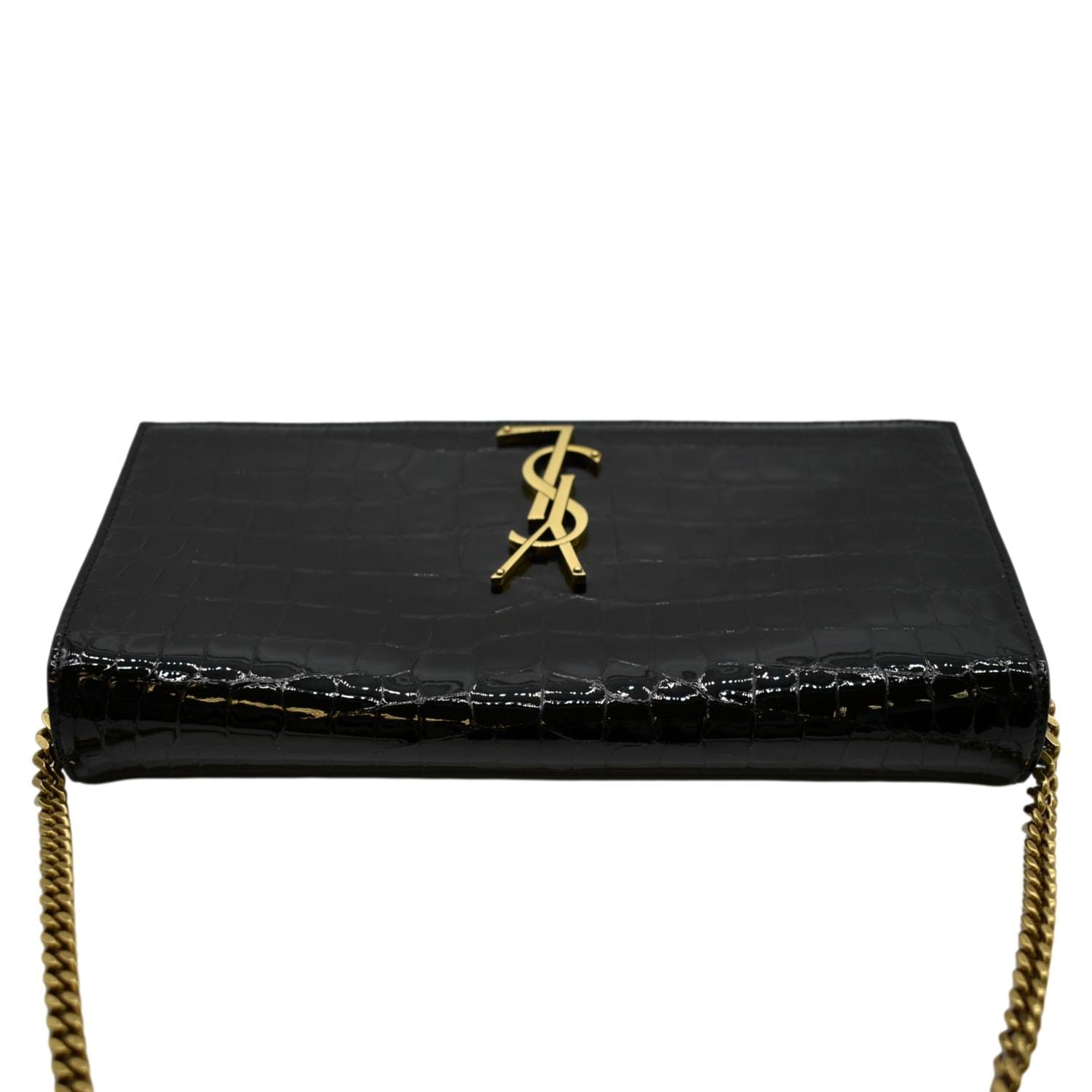 YSL Saint Laurent Yves Kate Alligator Shoulder Bag Leather Black Chain