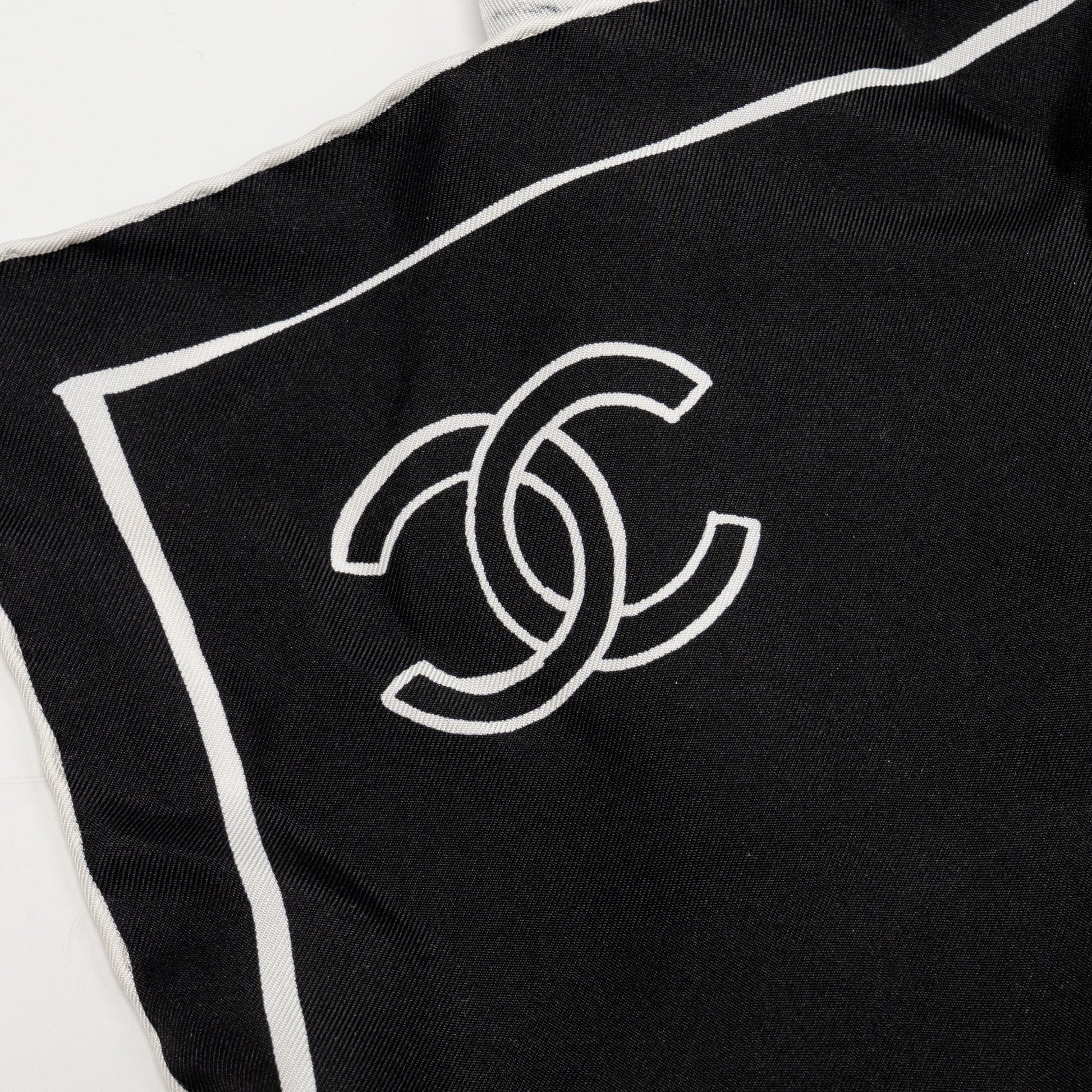 Chanel 90x90cm Coco Silk Scarf Black White