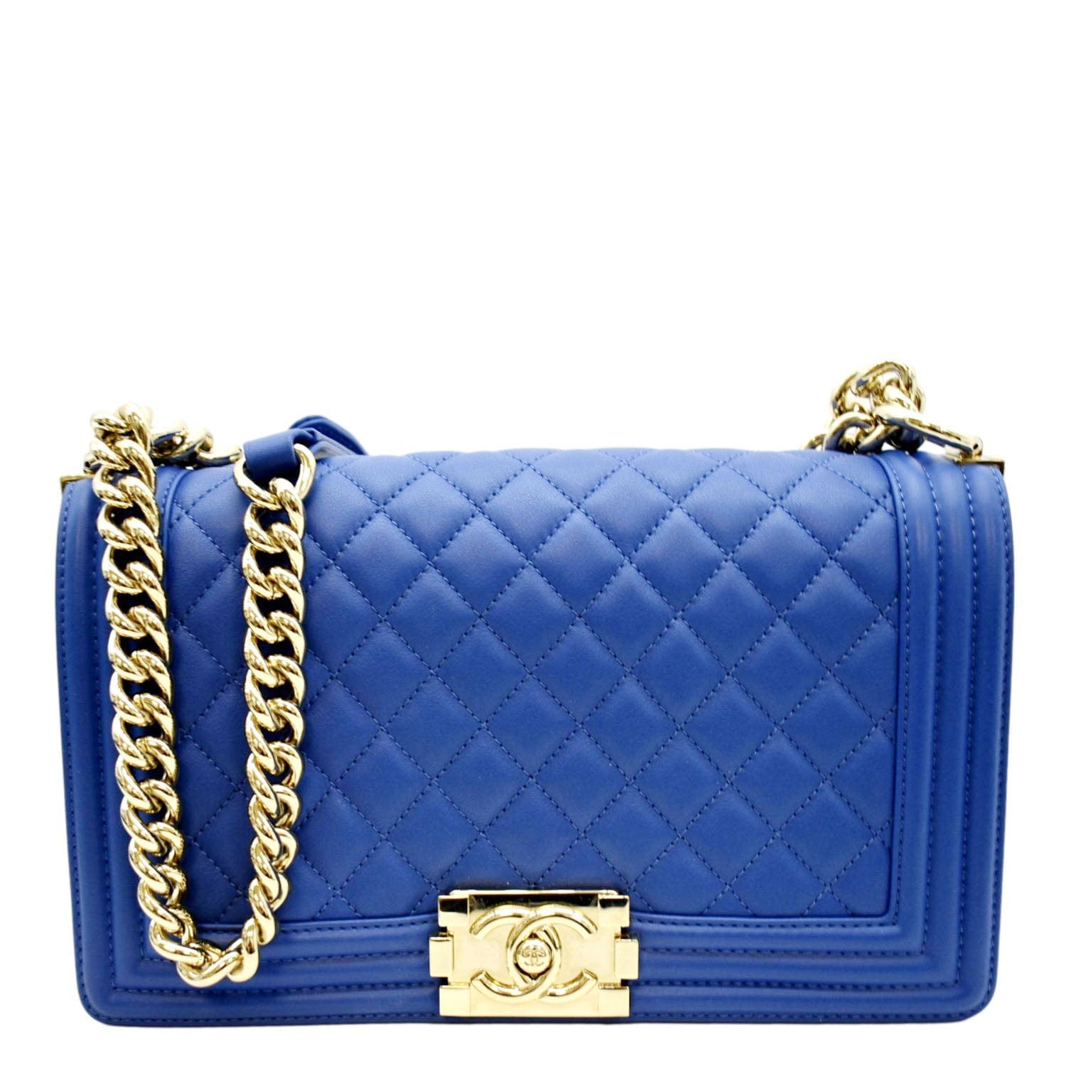 Chanel Boy Flap Quilted Leather Blue Travel Bag