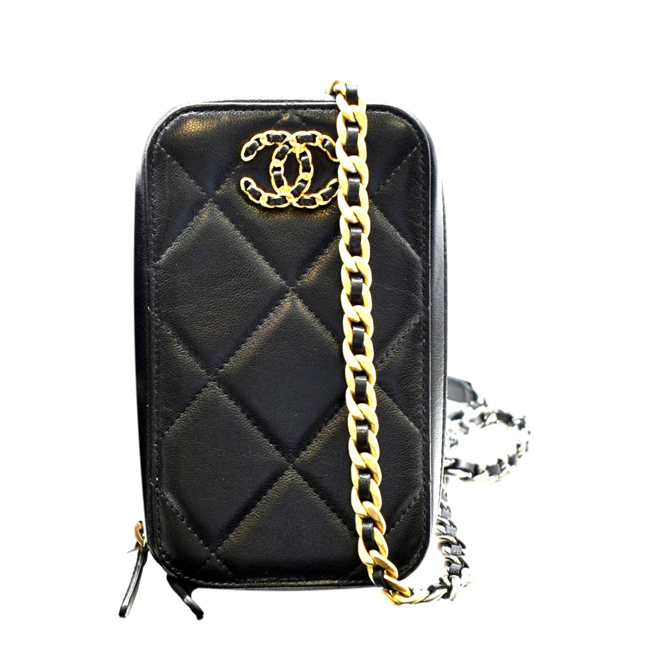 Chanel 19 Zip Quilted Phone Leather Black Travel Bag